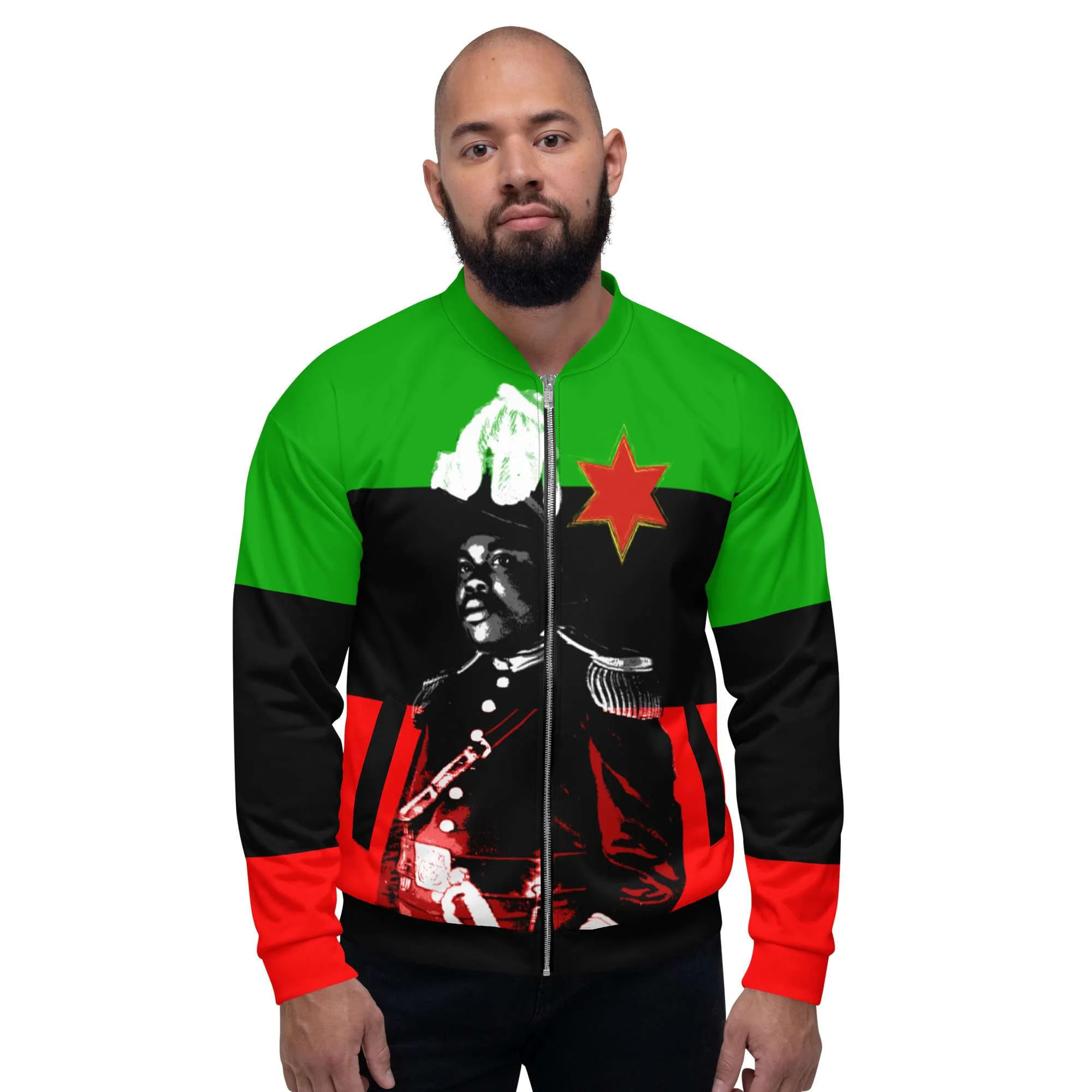 Marcus Garvey Bomber Jacket male model front view in vivid colors. Polyester with fleece inside metal zip and two front pockets. Original Jamaican Rasta merchandise and clothing.