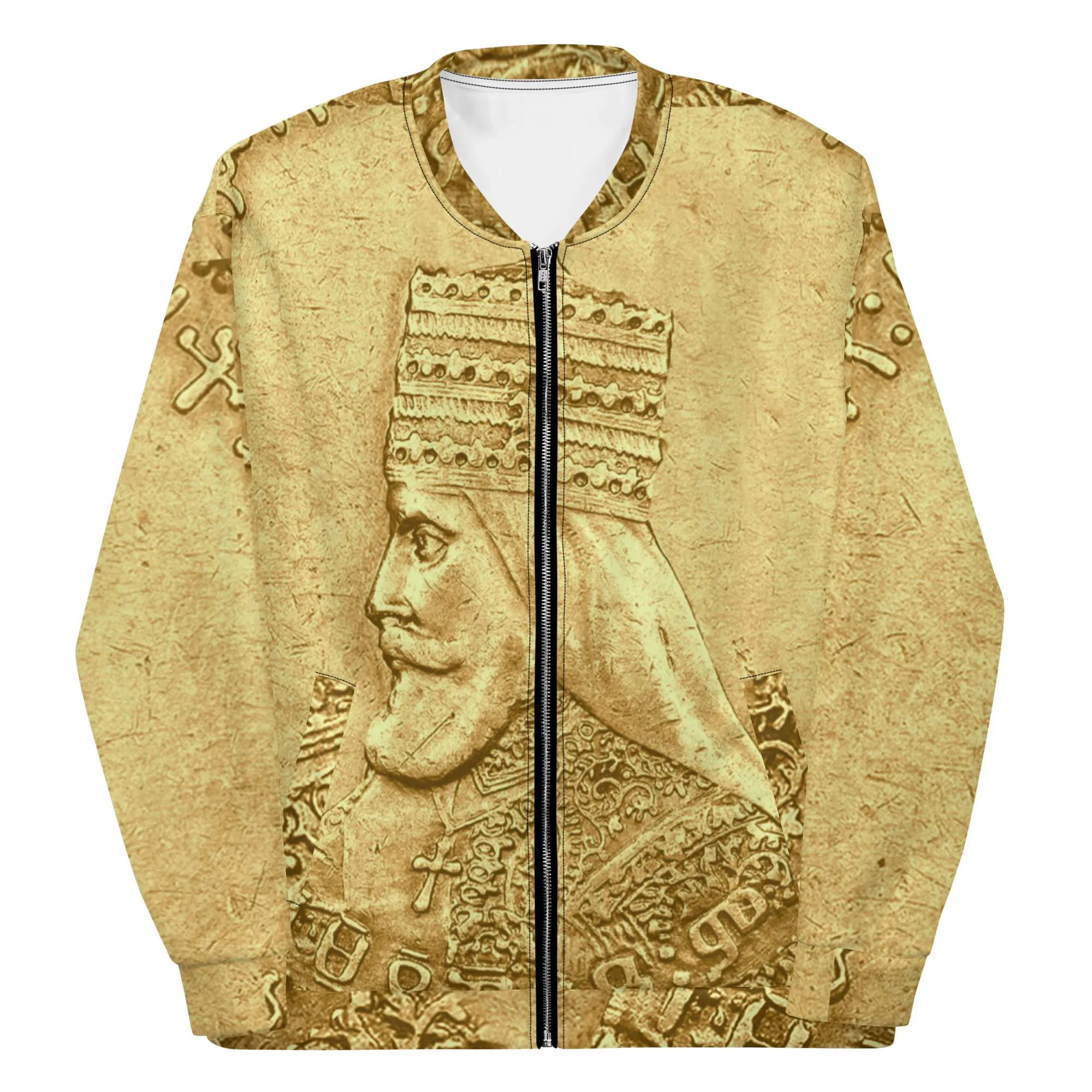 Emperor Haile Selassie Amharic Bomber Jacket front view. Polyester, fleece inside, metal zip and two front pockets. Original Rastafarian jacket from Rastaseed.com