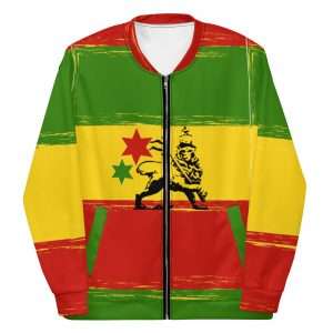 Rasta Bomber Jacket front view in the Rasta colors. Polyester, fleece inside, metal zip and two front pockets. Rastaseed original Rastafarian merchandise.