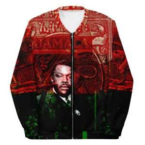 Garvey Revolutionary Bomber Jacket front view. Original Rastafarian Reggae and Jamaican clothing and designs at Rastaseed.com merchandise and clothing shop.