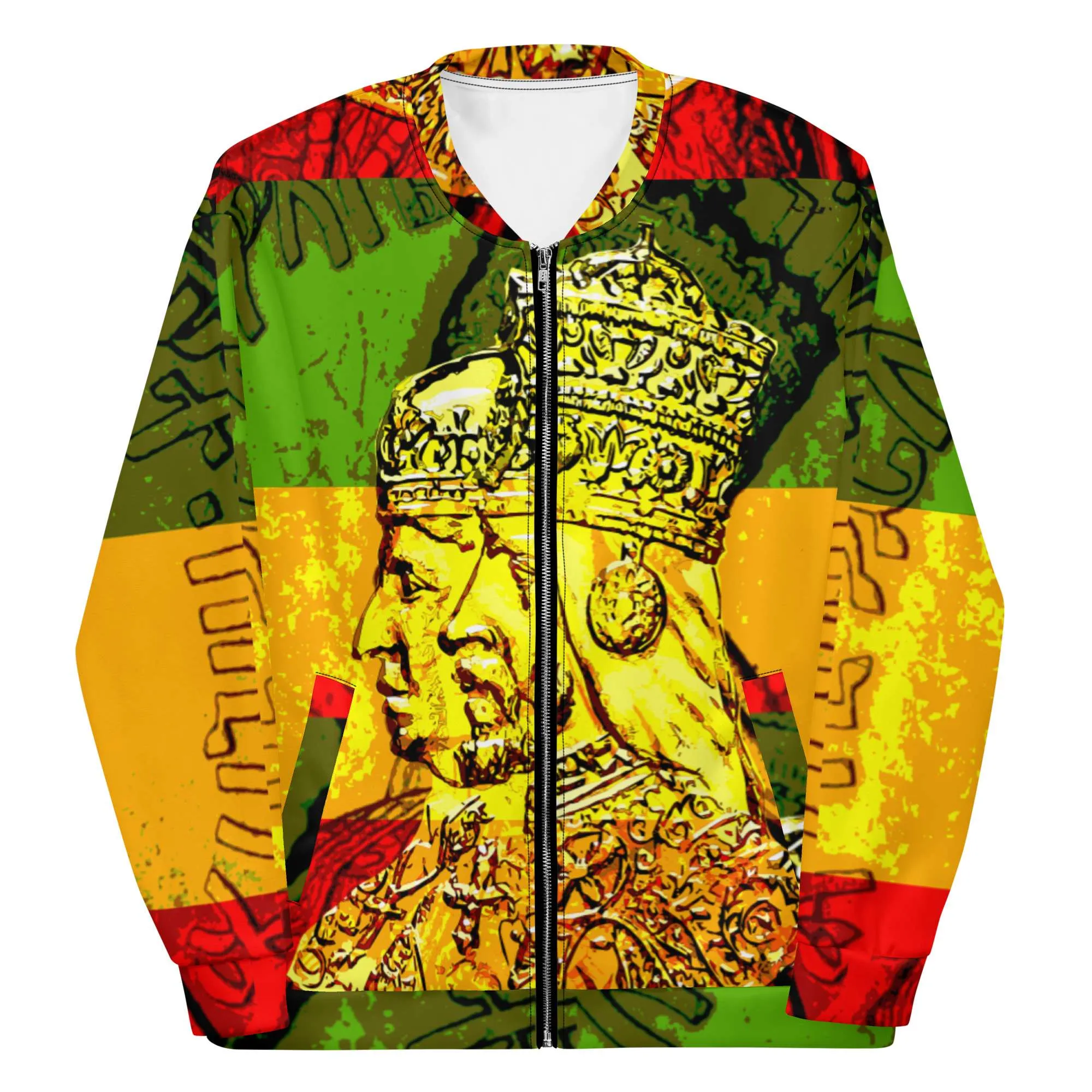 Haile Selassie Empress Menen Bomber Jacket front view in red gold and green. Fyah Jacket in original design at Rastaseed.com Jamaican Reggae Rasta Merchandise.