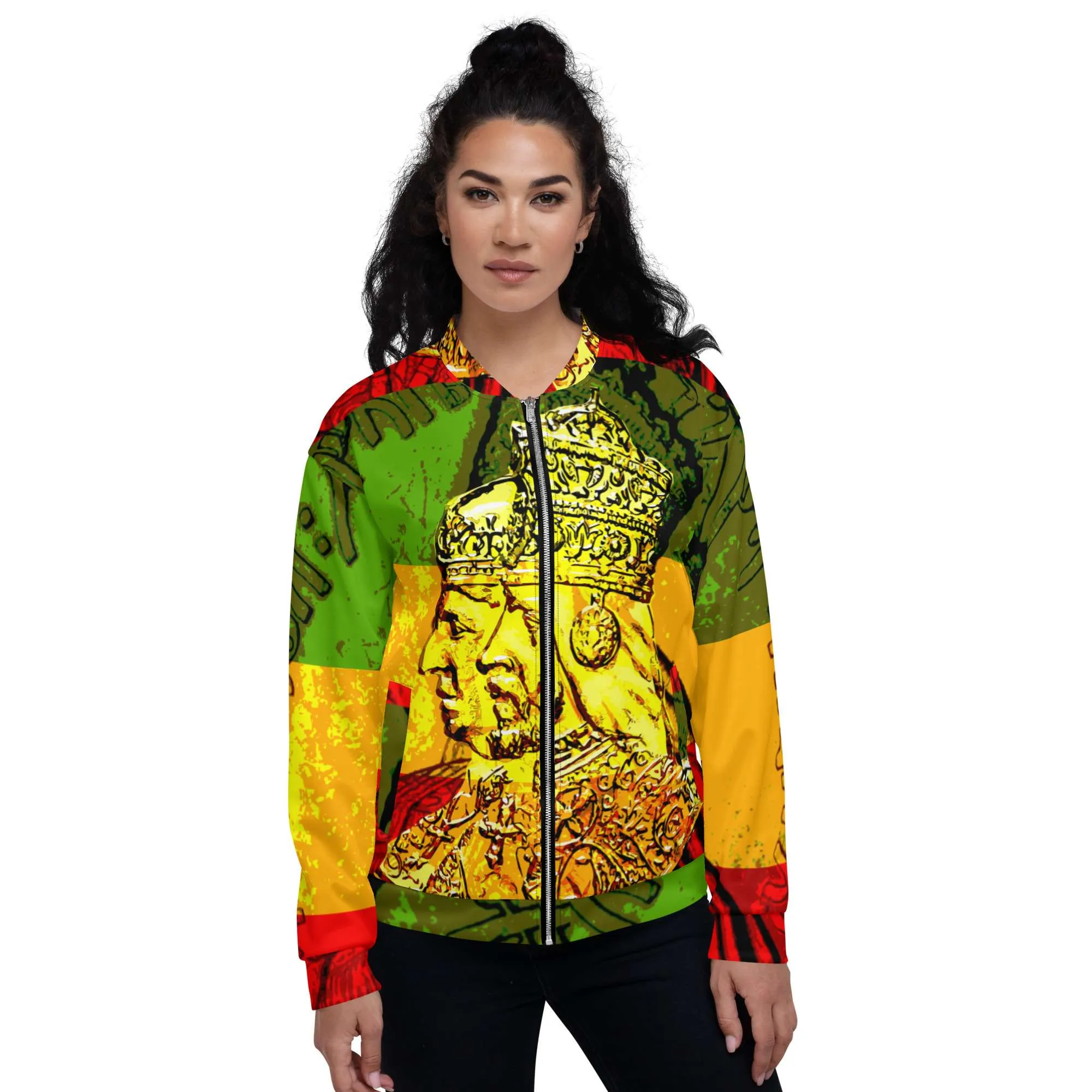 Haile Selassie Empress Menen Bomber Jacket in red gold and green female model front view. Fyah Jacket in original design at Rastaseed.com Jamaican Reggae Rasta Merchandise.