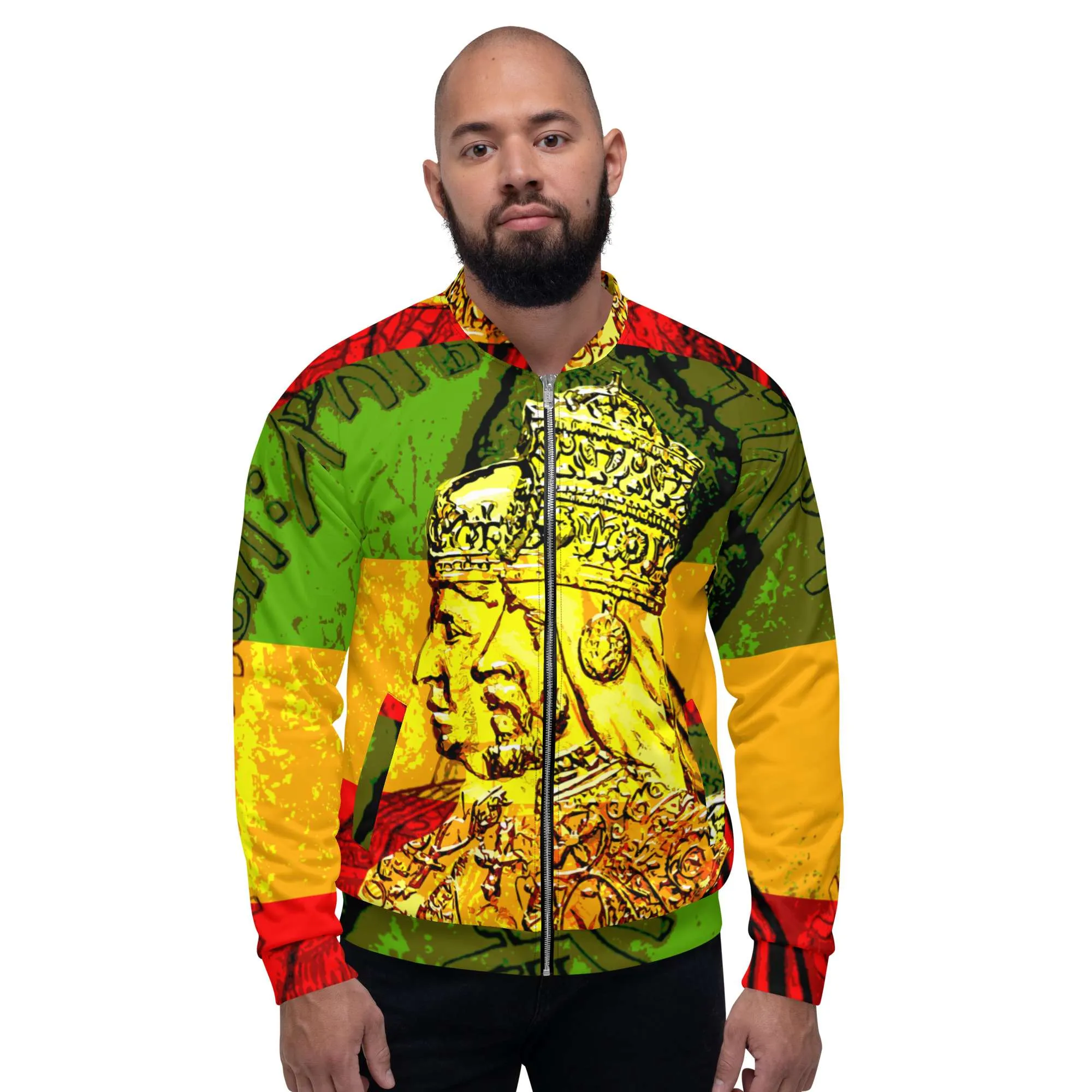 Haile Selassie Empress Menen Bomber Jacket in red gold and green male model front view. Fyah Jacket in original design at Rastaseed.com Jamaican Reggae Rasta Merchandise.