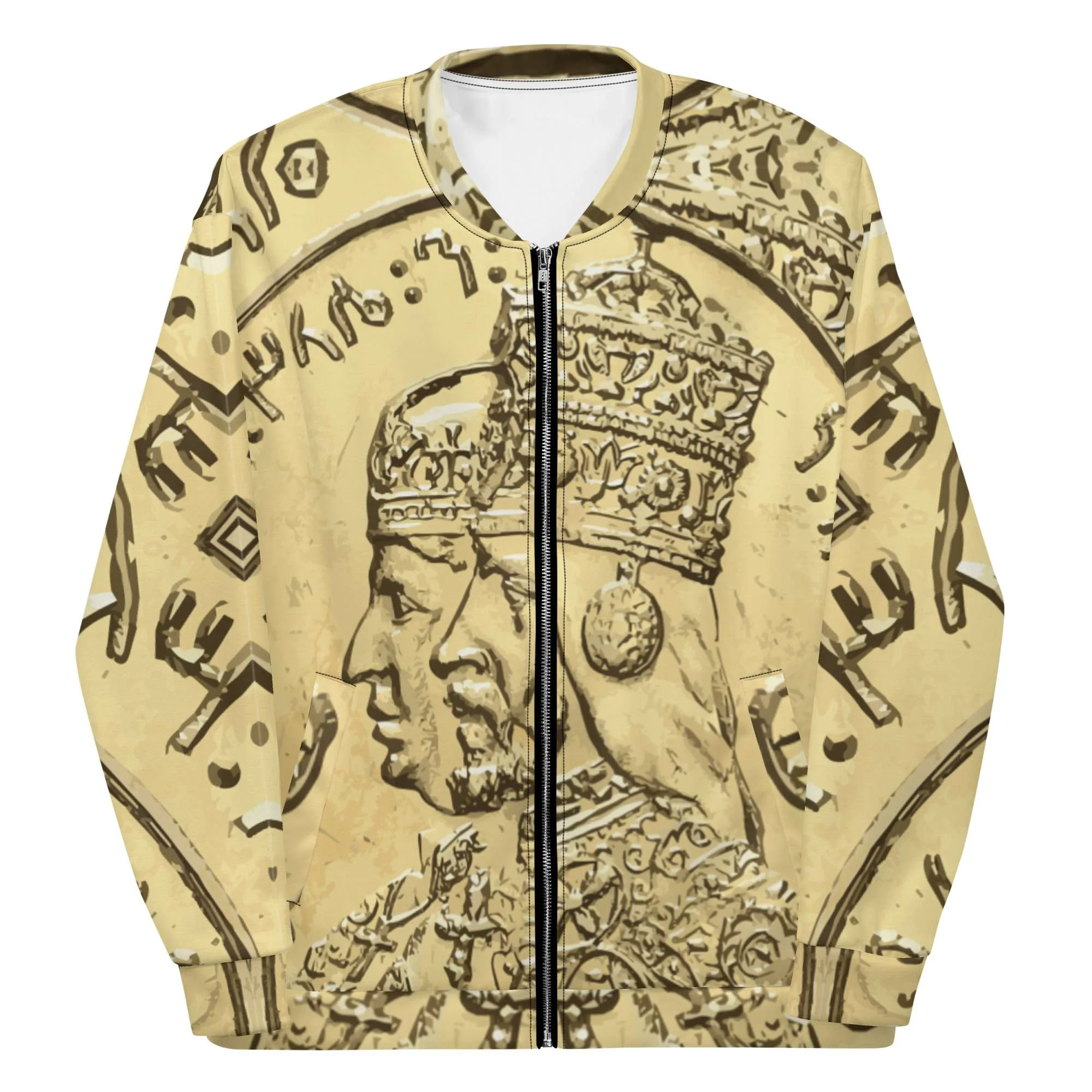 Haile Selassie Empress Menen Gold Bomber Jacket front view in royal design. Original designs and clothing at Rastaseed.com Rastafarian and Reggae clothing.shop.