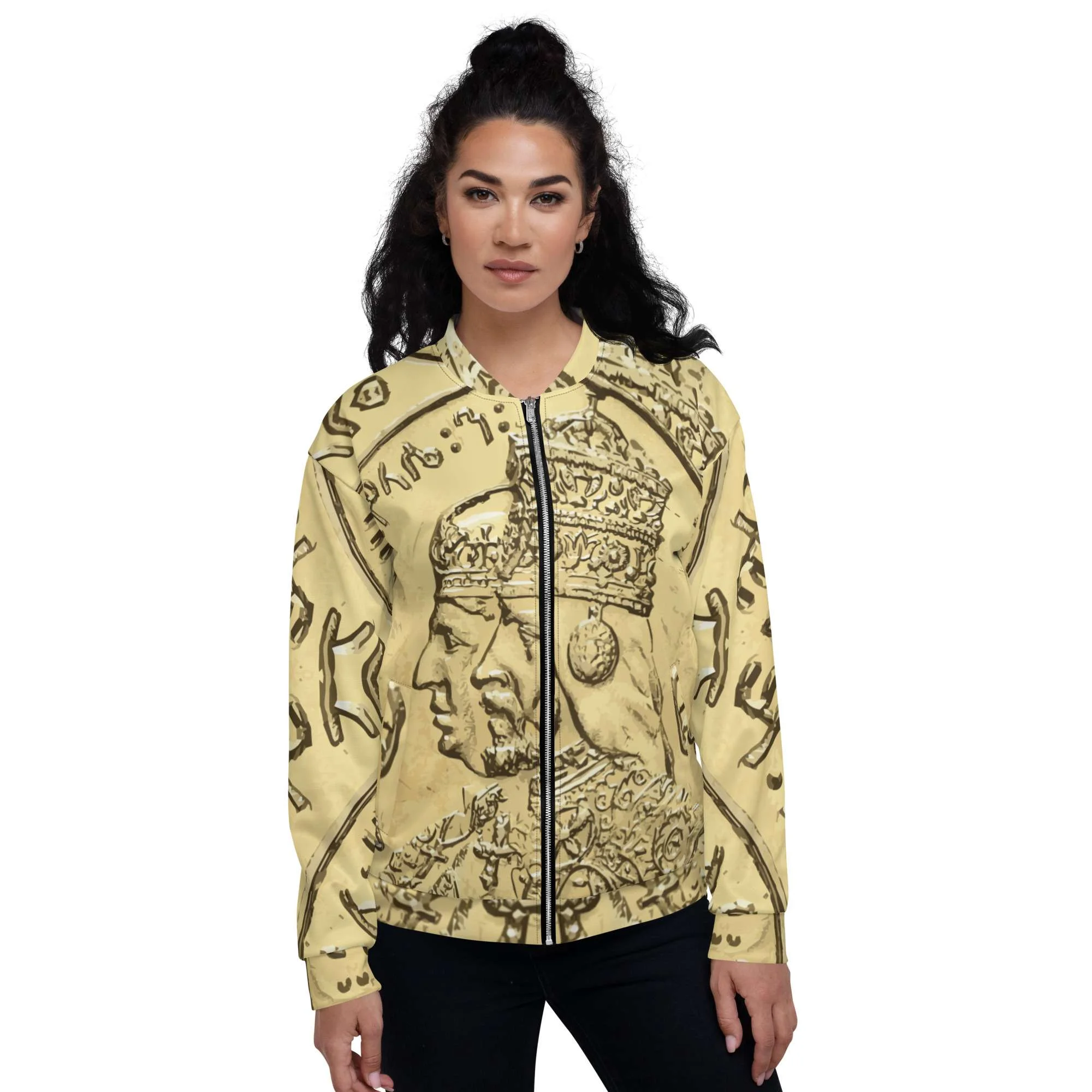 Haile Selassie Empress Menen Gold Bomber Jacket female model front view in royal design. Original designs and clothing at Rastaseed.com Rastafarian and Reggae clothing.shop.