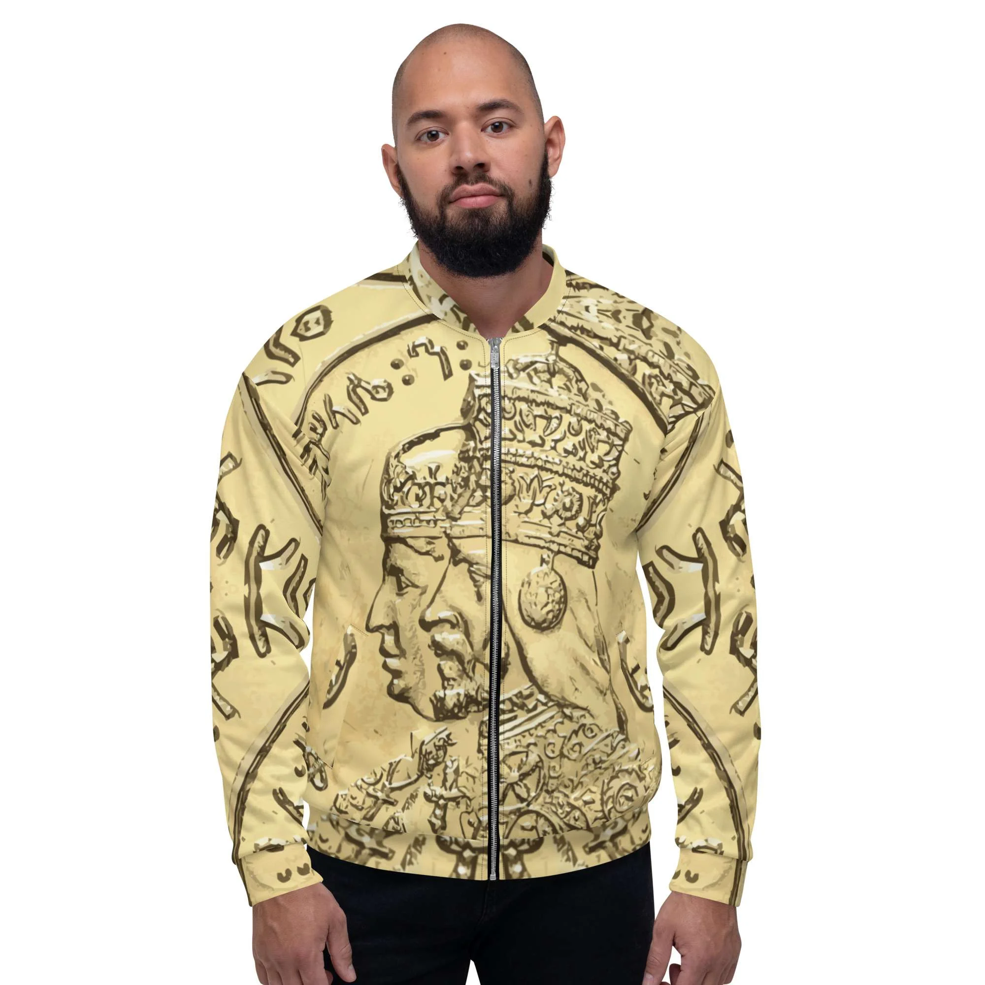 Haile Selassie Empress Menen Gold Bomber Jacket male model front view in royal design. Original designs and clothing at Rastaseed.com Rastafarian and Reggae clothing.shop.