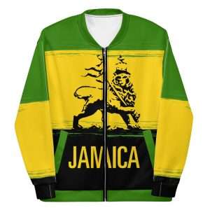 Jamaican Lion Bomber Jacket front view in Jamaican colors with Lion of Judah. Rastaseed original Jamaican and Reggae merchandise and clothing.