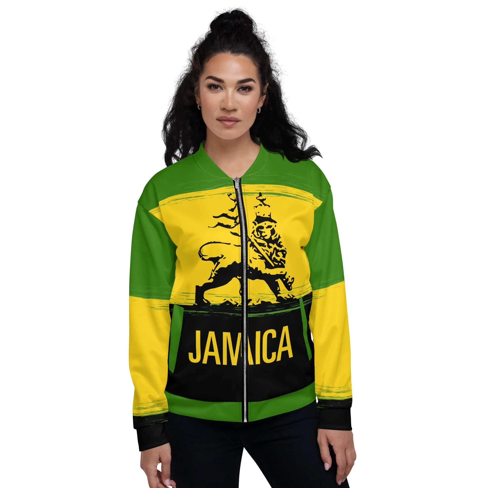 Jamaican Lion Bomber Jacket female model front view in Jamaican colors with Lion of Judah. Rastaseed original Jamaican and Reggae merchandise and clothing.