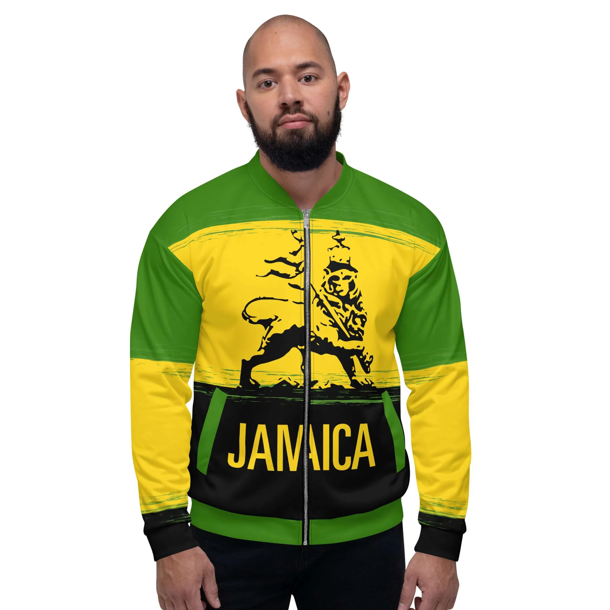 Jamaican Lion Bomber Jacket male model front view in Jamaican colors with Lion of Judah. Rastaseed original Jamaican and Reggae merchandise and clothing.