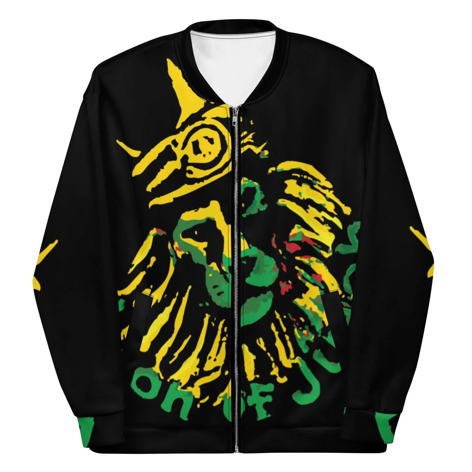 Jamrock Jamaican Bomber Jacket front view with original Lion design. Jamaican colors on black. Original Jamaican clothing from Rastaseed.com merchandise.