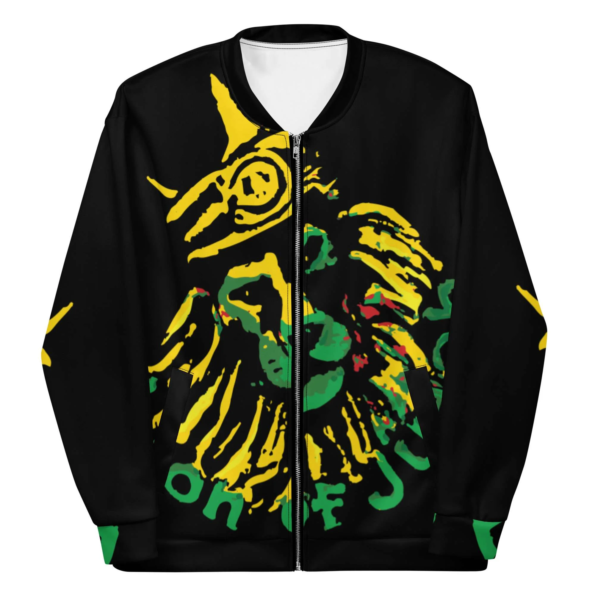 Jamrock Jamaican Bomber Jacket front view with original Lion design. Jamaican colors on black. Original Jamaican clothing from Rastaseed.com merchandise.