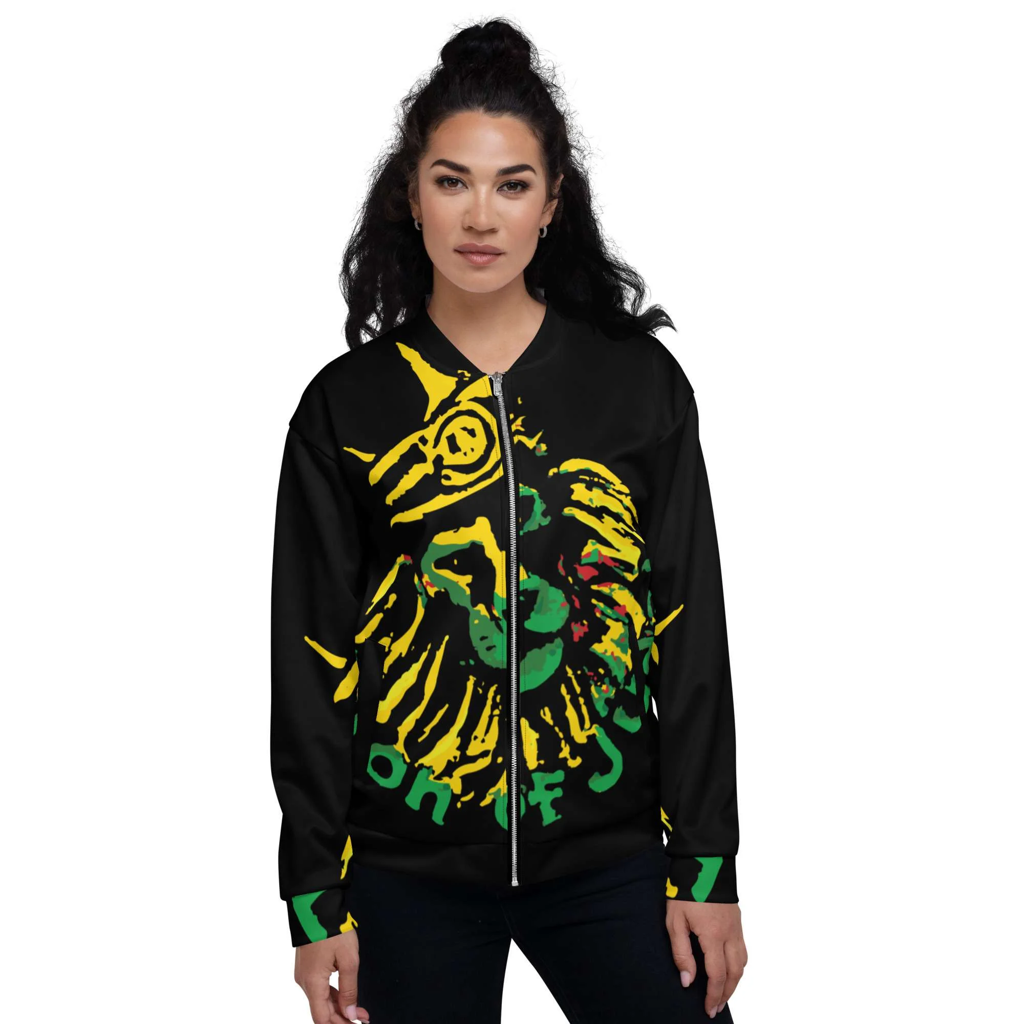 Jamrock Jamaican Bomber Jacket female model front view with original Lion design. Jamaican colors on black. Original Jamaican clothing from Rastaseed.com merchandise.