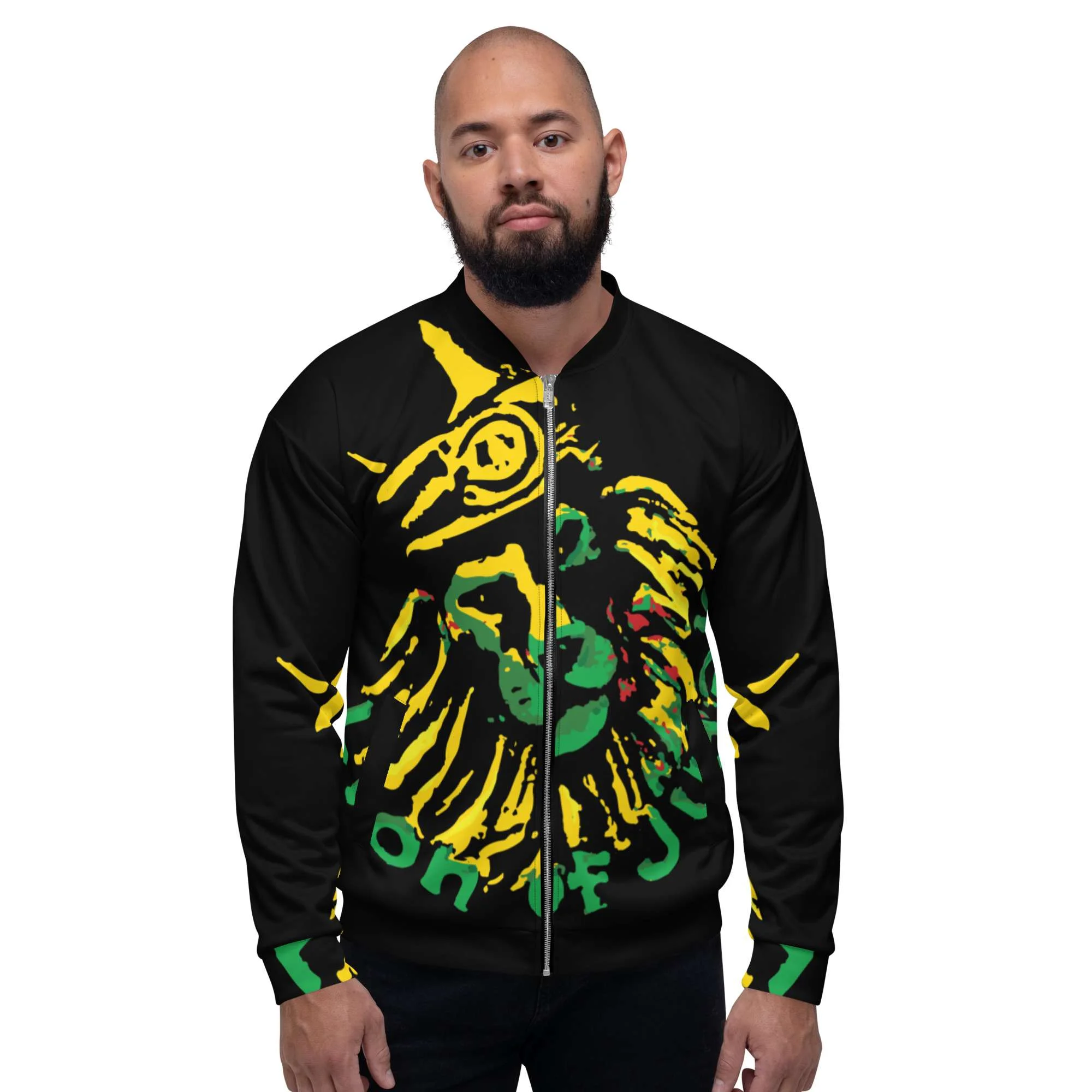 Jamrock Jamaican Bomber Jacket male model front view with original Lion design. Jamaican colors on black. Original Jamaican clothing from Rastaseed.com merchandise.