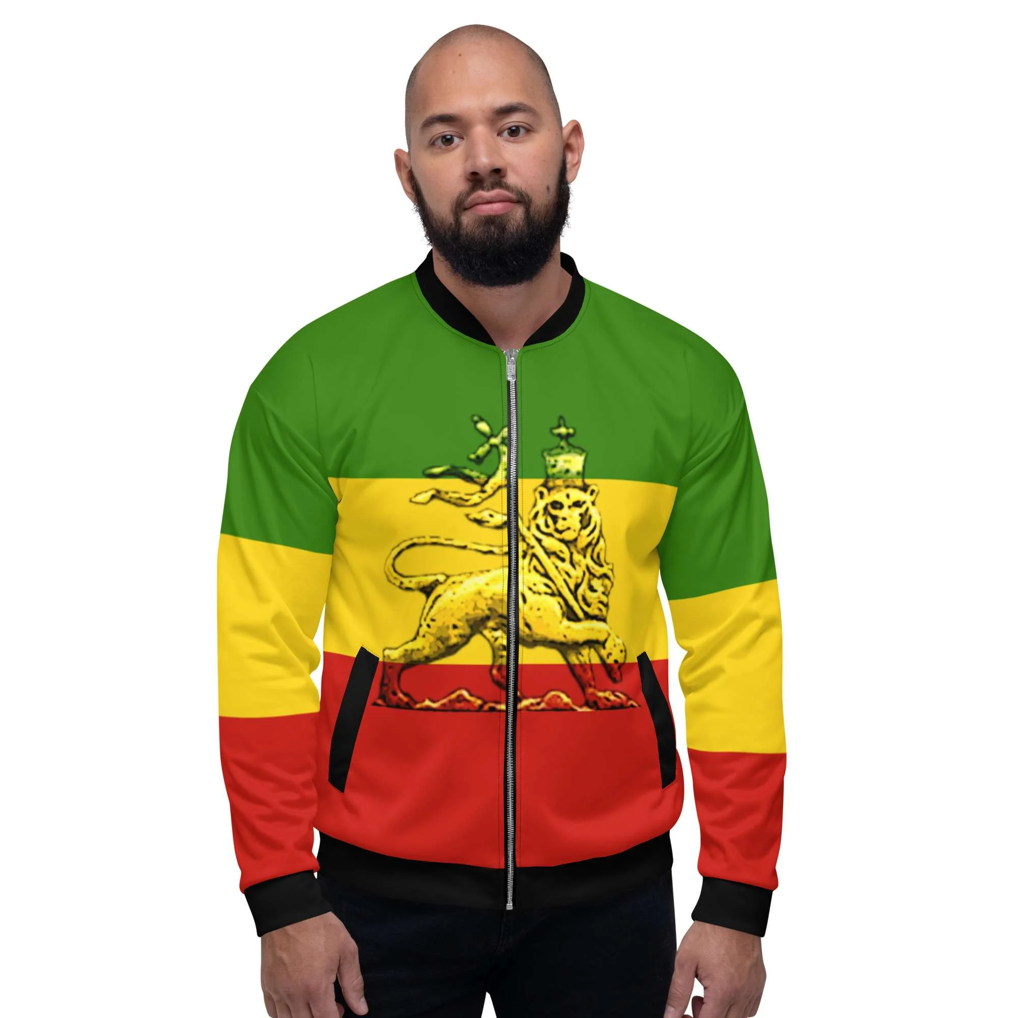 Conquering Lion of Judah Bomber Jacket male model front view in Rasta colors with black trim. Great design at Rastaseed.com merchandise and clothing.