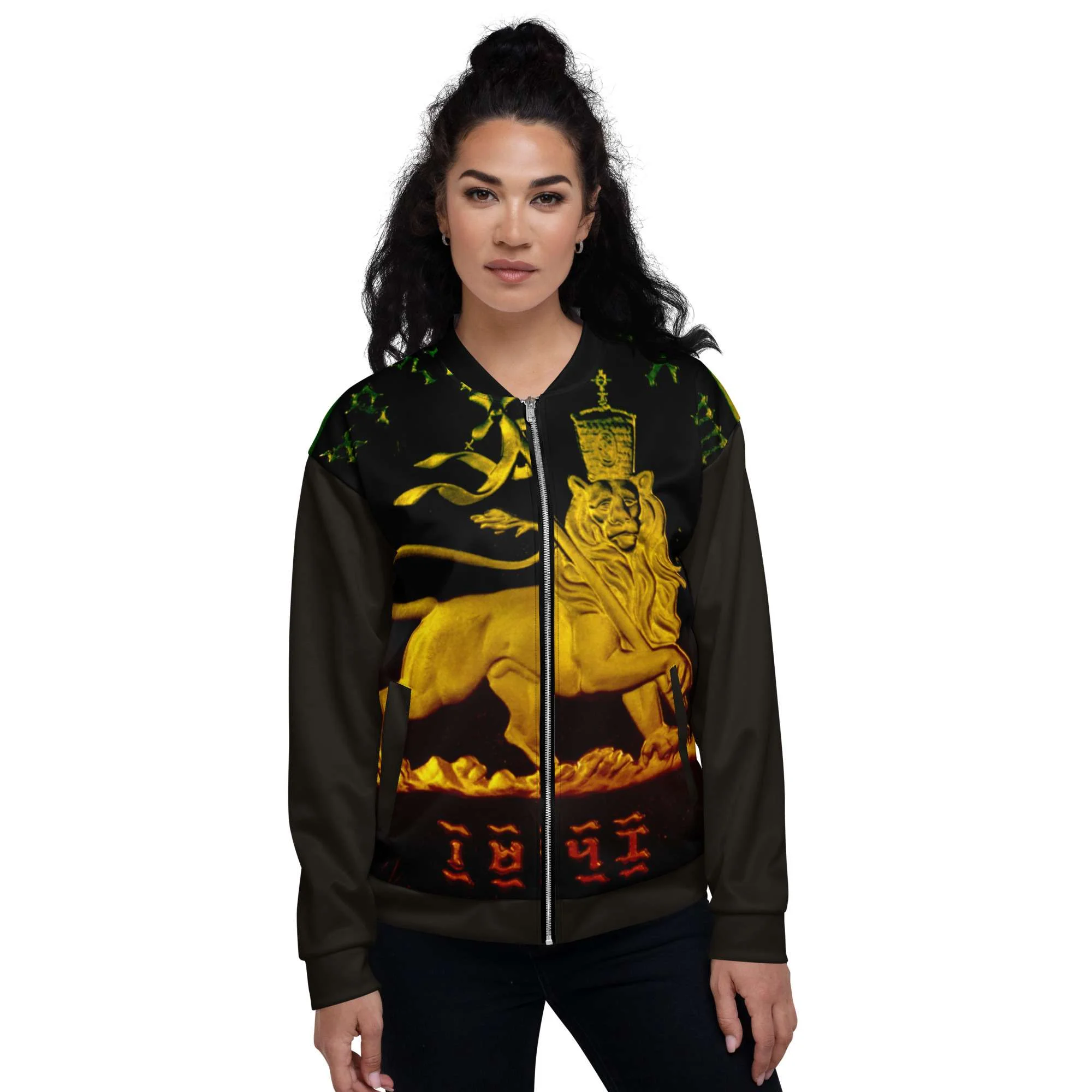 Rasta Ancient Lion Bomber Jacket front femail view in bold design. Make a statement with Rasta clothing from Rastaseed online clothing store.