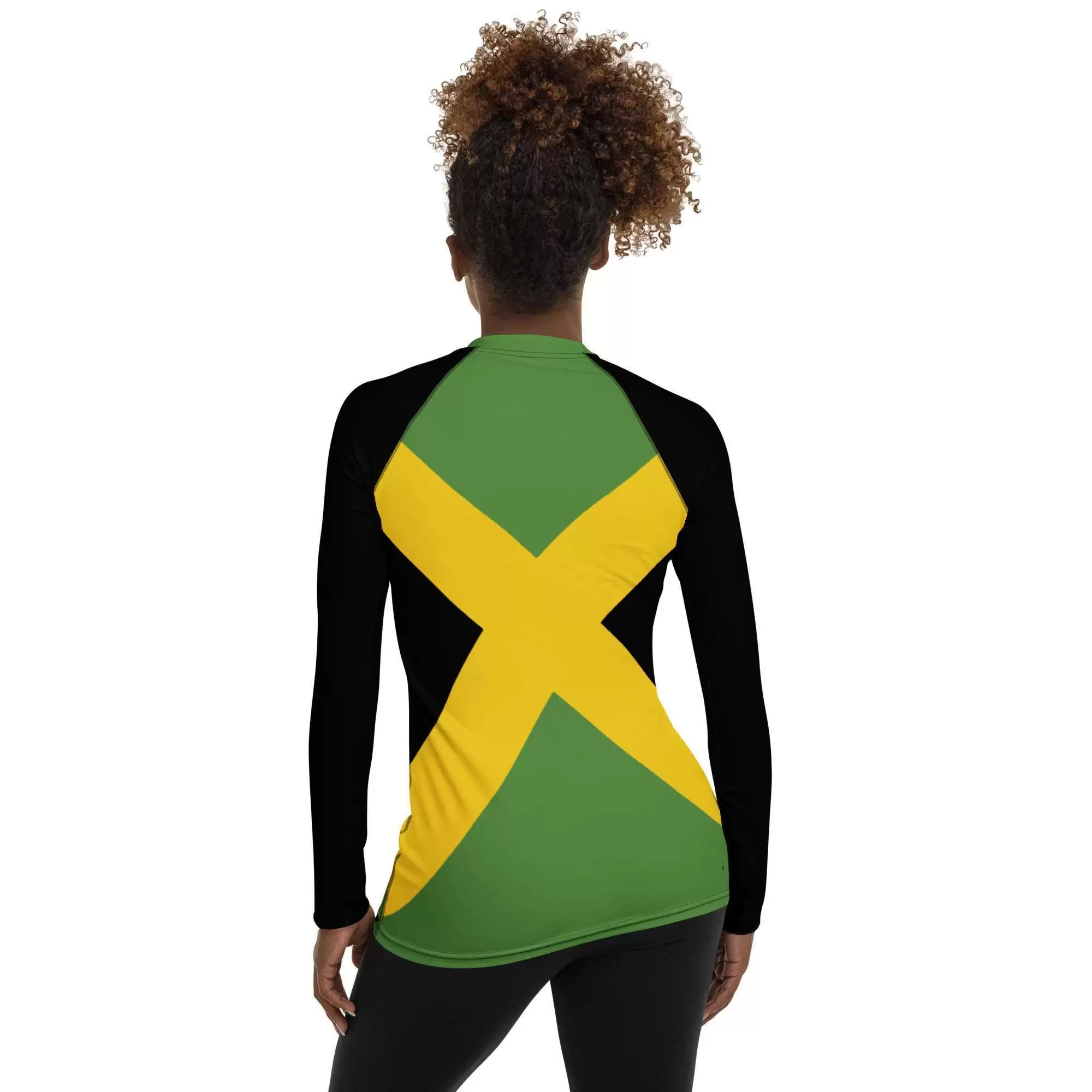 Jamaican Women's Rash Guard back view in Jamaica flag colors with black sleeves. Protect yourself from the sun on your next beach holiday.