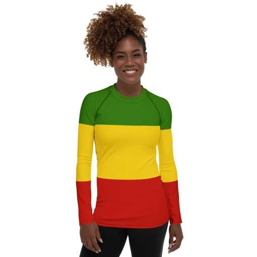 Rasta Women's Rash Guard in red gold and green. Surf all day with the protection of this fun rashie. Rasta and Reggae clothing at Rastaseed.com