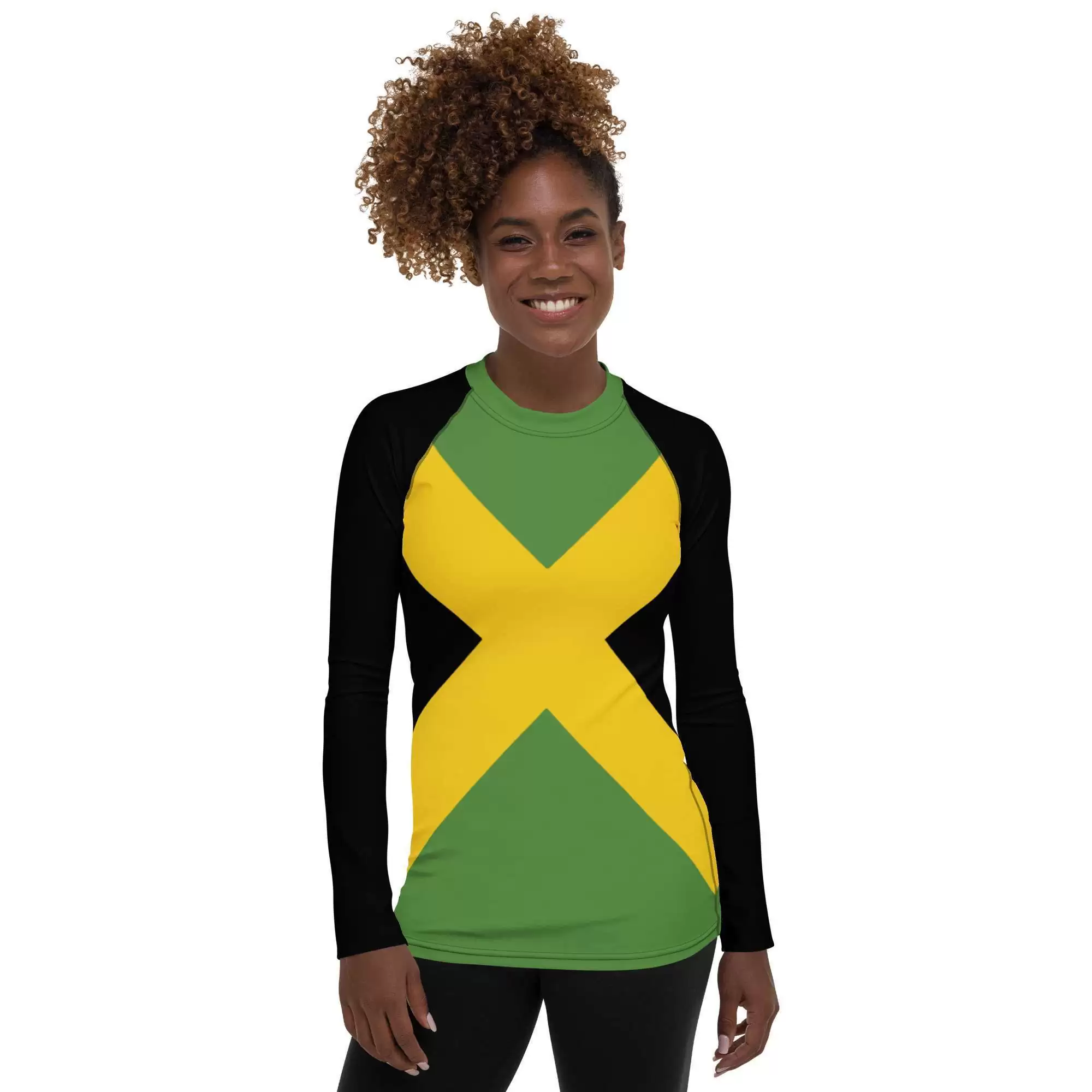 Jamaican Women's Rash Guard front view in Jamaica flag colors with black sleeves. Protect yourself from the sun on your next beach holiday.