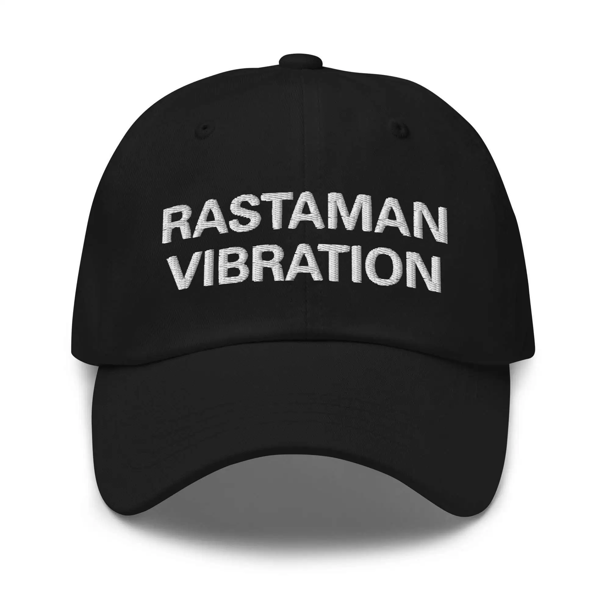 Rastaman Vibration Cap front view black available in khaki camouflage and black. Dad hat style with embroidered lettering. Rastaseed original Rasta hats and clothing.