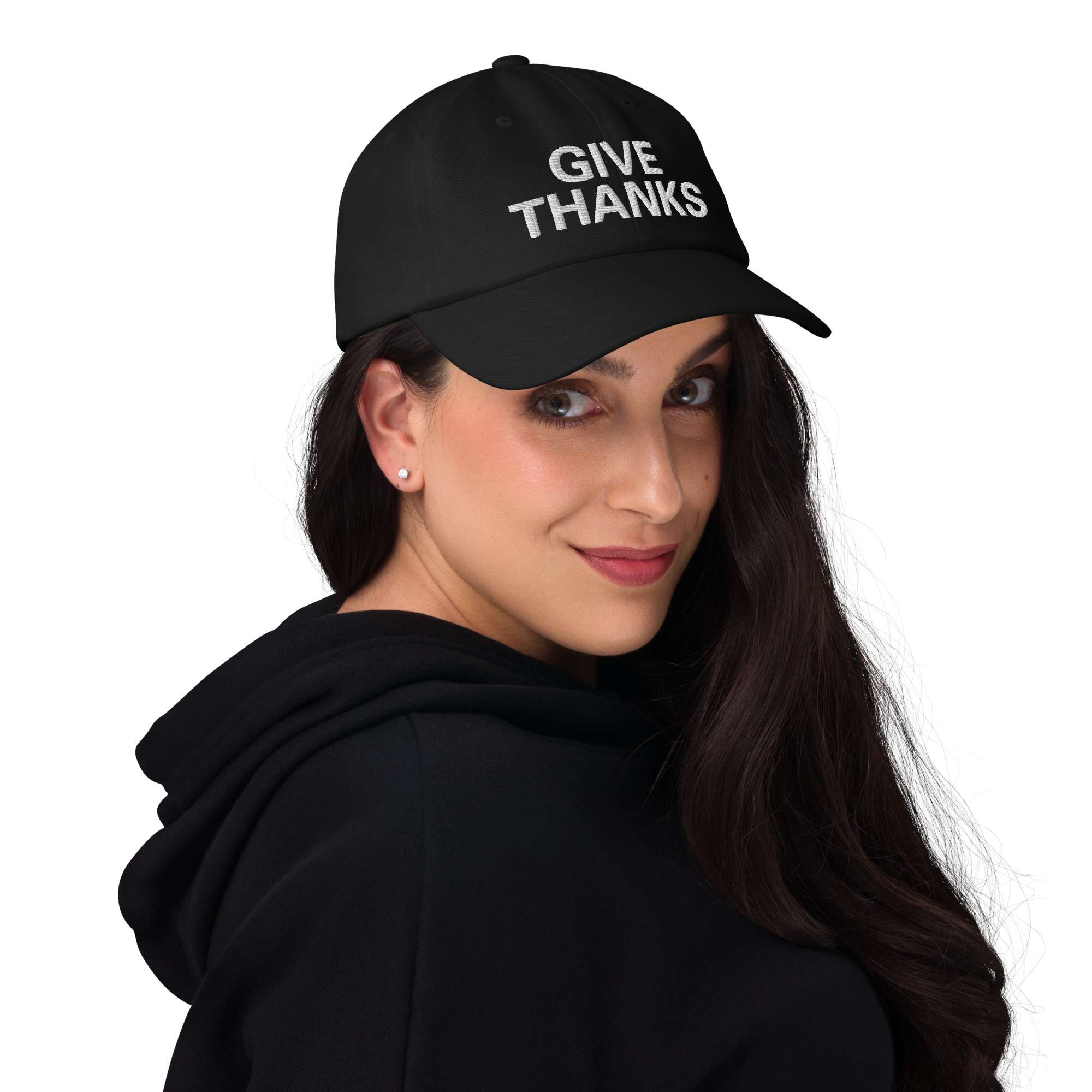 Give Thanks Rasta Cap front view female available in khaki camoflage print and black colors. White embroidered lettering and dad hat style. Rastaseed original design.