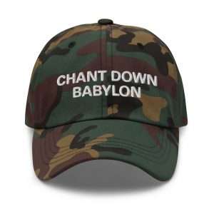 Chant Down Babylon Cap camo in dad hat style available in black or khaki camo print. Original Rasta merchandise and accessories at Rastaseed.com