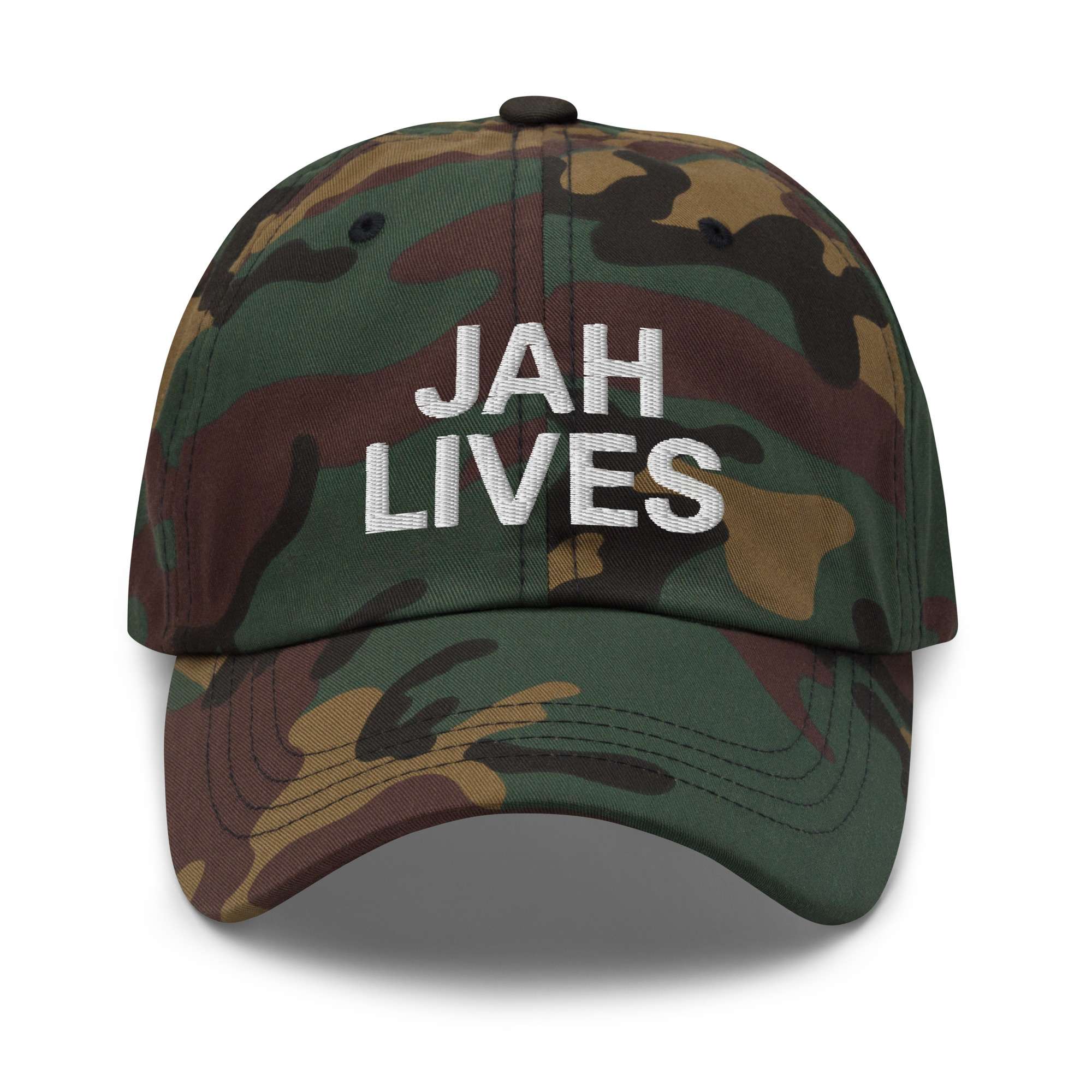 Jah Lives Cap front view khaki camo available in camouflage print and black colours. Dad hat style with white embroidered lettering. Rastaseed online Rasta shop.