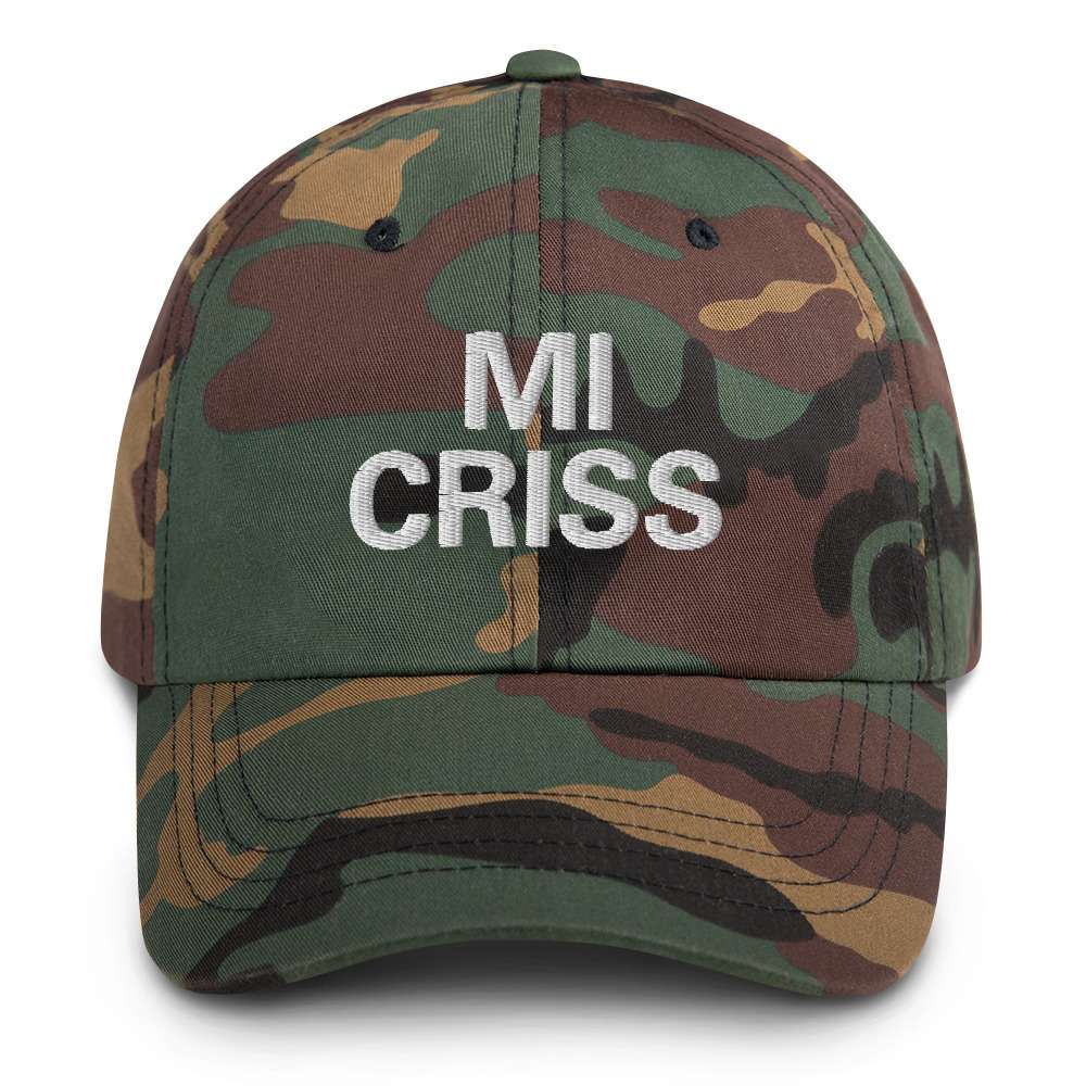 Mi Criss Jamaican Patois Cap front view camo available in khaki camouflage and black dad hat style. Authentic Jamaican merchandise and clothing at Rastaseed.