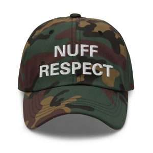 Nuff Respect Jamaican Patois Cap front view camouflage in camouflage and black dat hat style. Rastaseed original Reggae merchandise and clothing.