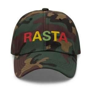 Rasta Cap in dad hat style front view and available in khaki camouflage or black with red gold and green embroidered letters. Original Rasta gear at Rastaseed shop.