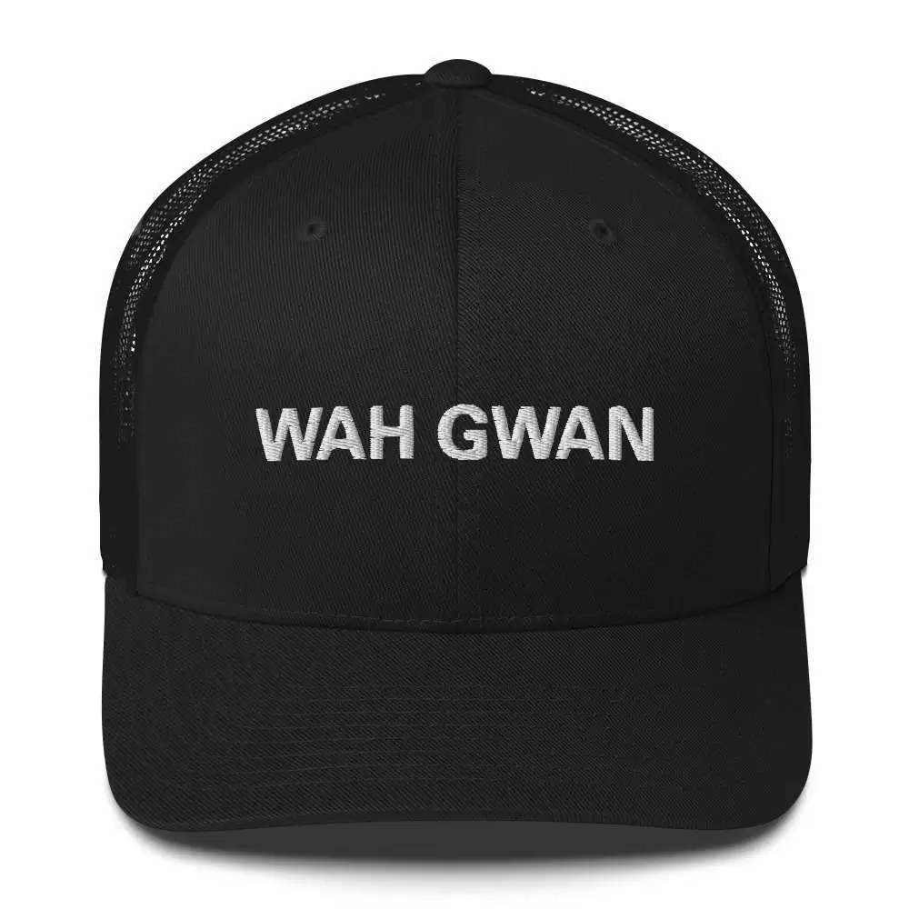 Wah Gwan Jamaican Trucker Cap in black with mesh back and curved visor. Awesome gear at Rastaseed online Rasta shop and clothing store.