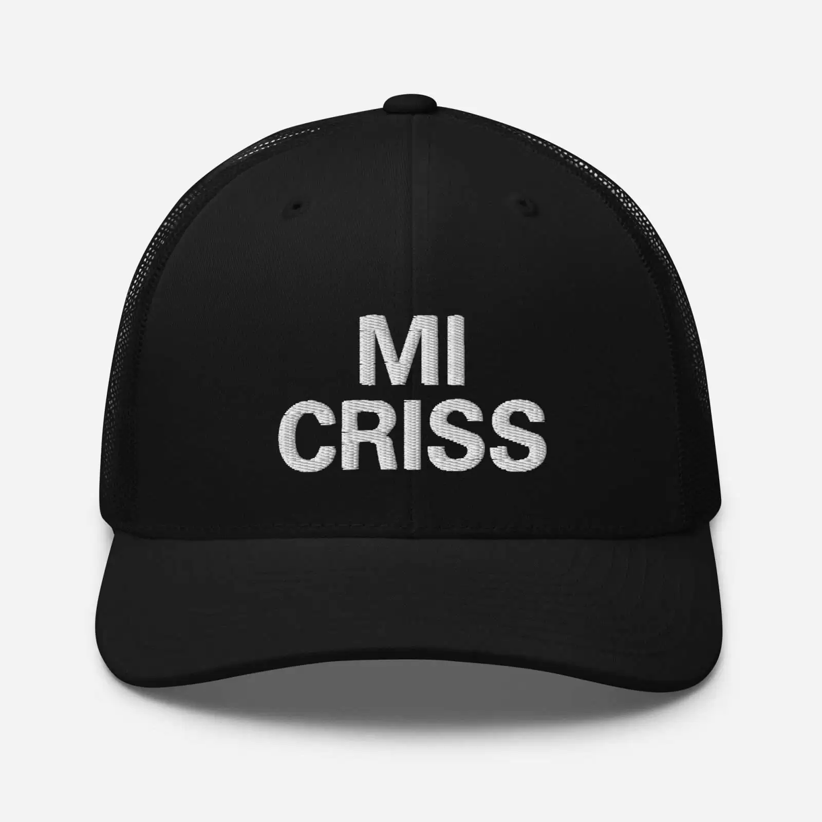 Mi Criss Jamaican Patois Trucker Cap front view. Stylish cap in black with mesh back and curved visor. Great merchandise at Rastaseed Rasta Shop.