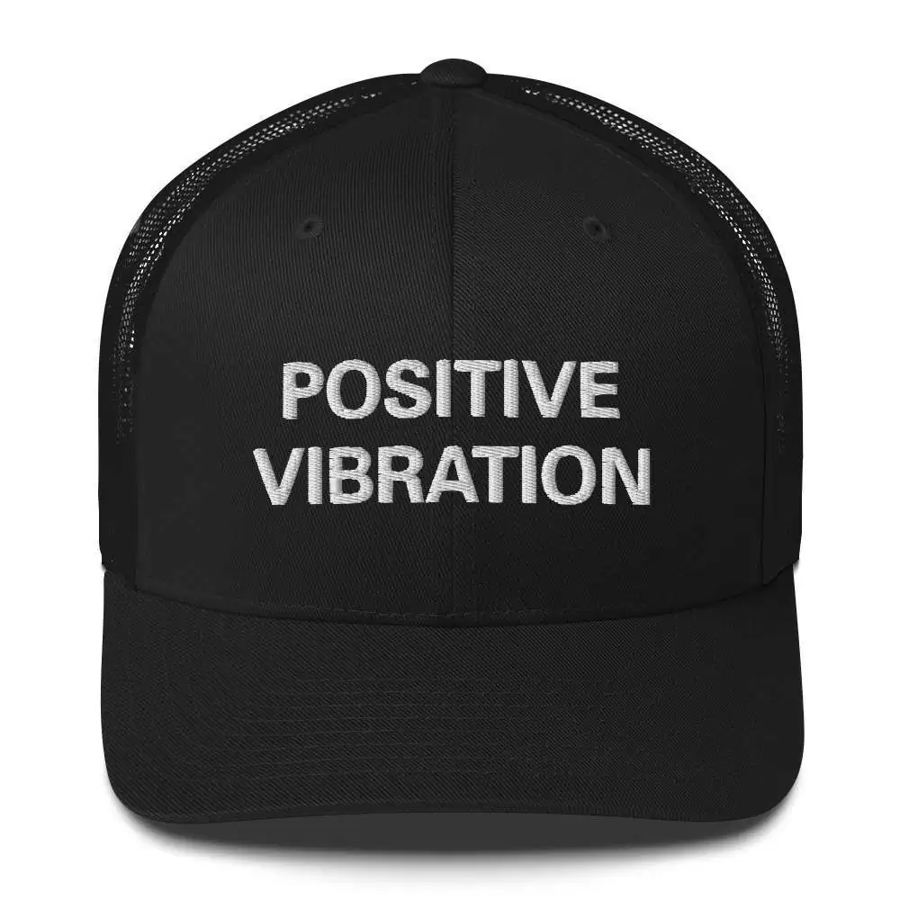 Positive Vibration Rasta Trucker Cap available in black with mesh back and curved visor Original merchandise at Rastaseed online clothing store.