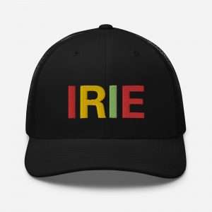 Irie Rasta Trucker Cap front view embroidered in red gold and green letters. Available in black with mesh back and curved visa. Great style from Rastaseed.