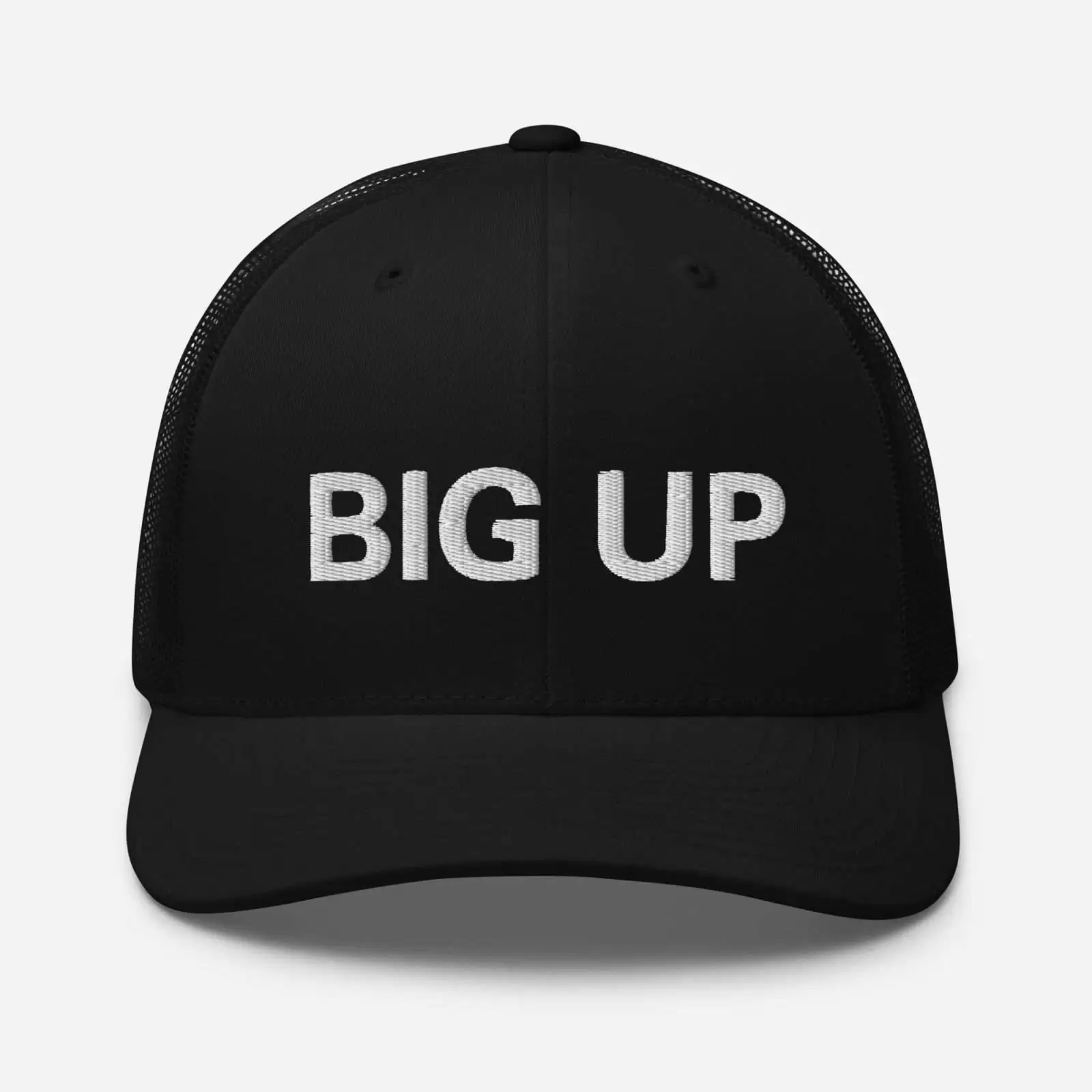 Big Up Jamaican Patois Trucker Cap front view available in black with a mesh back and curved visor. Original Rasta Merchandise and clothing at Rastaseed.