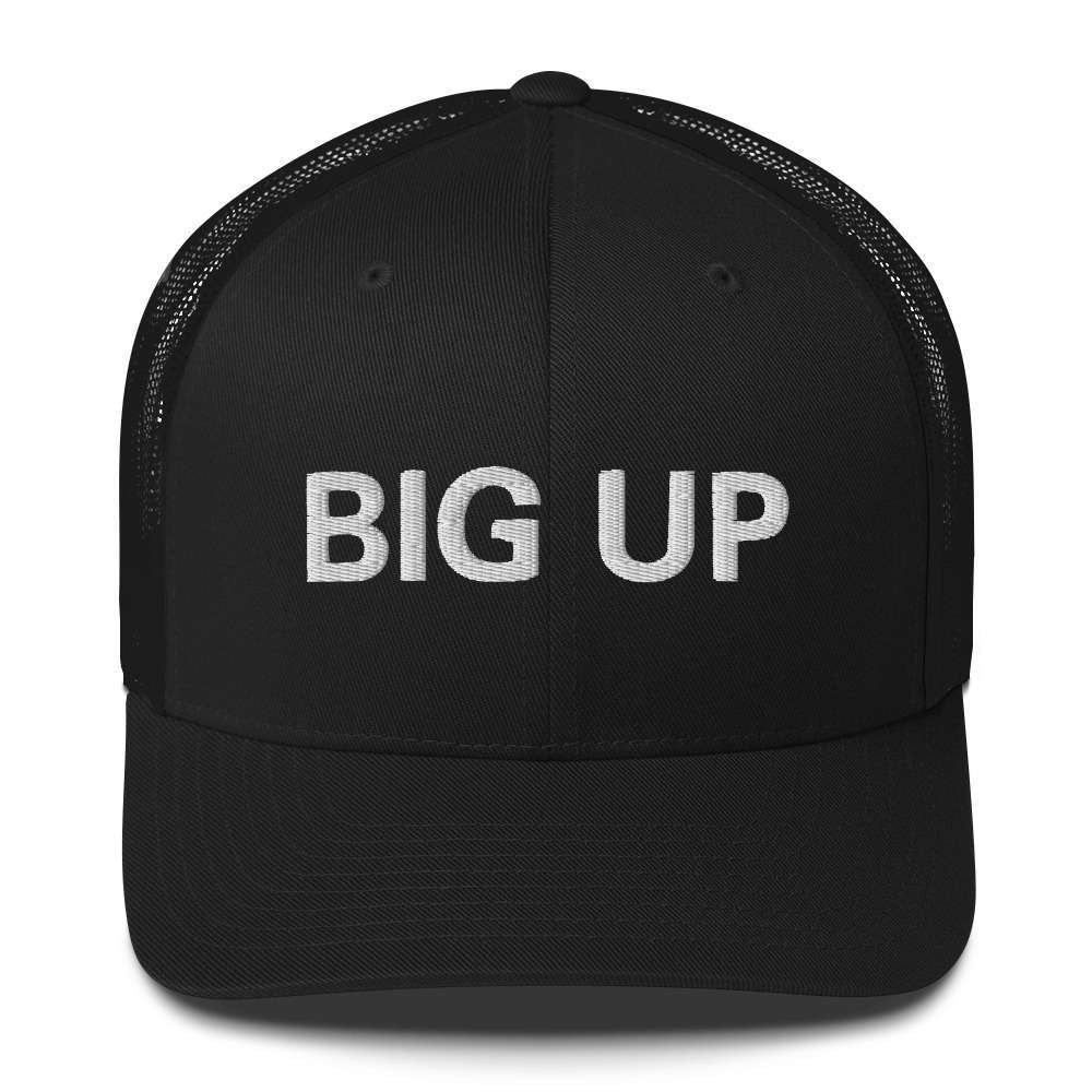 Big Up Jamaican Patois Trucker Cap available in black with a mesh back and curved visor. Original Rasta Merchandise and clothing at Rastaseed.