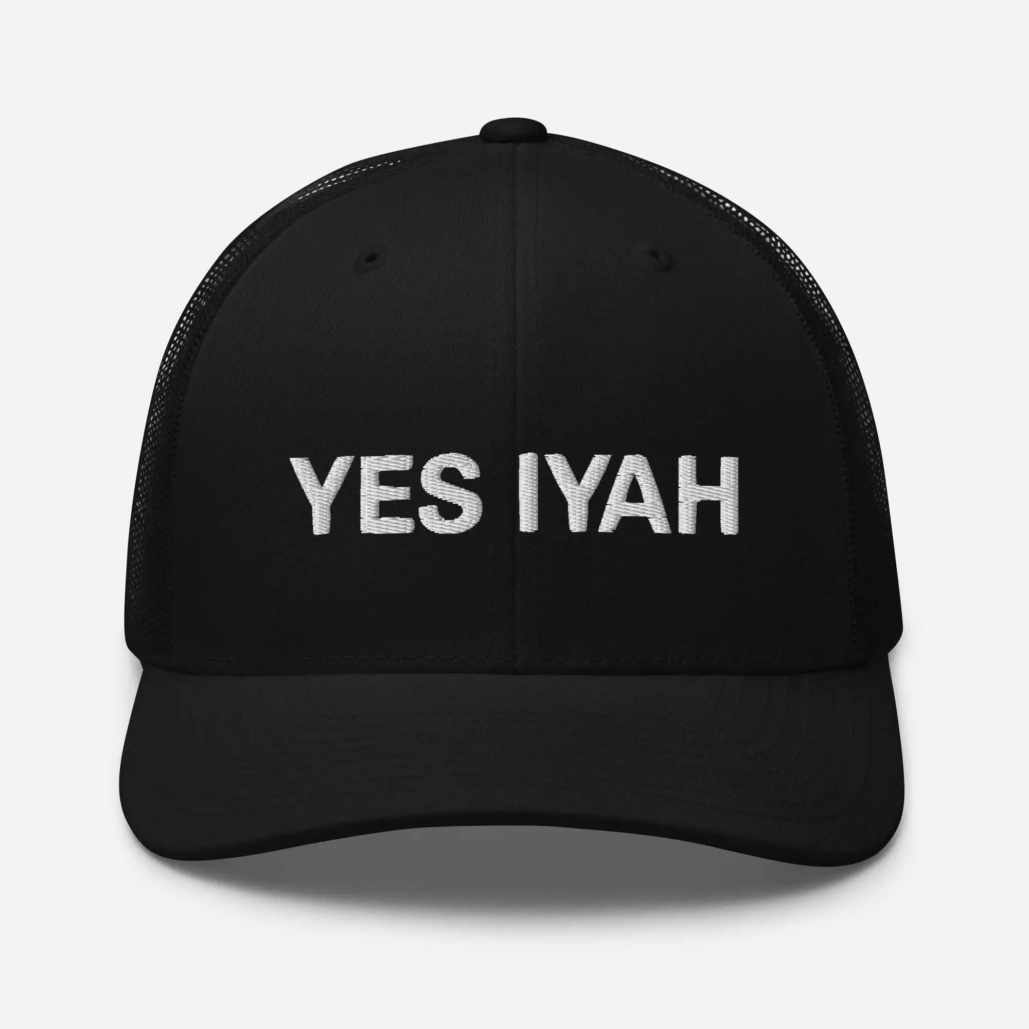 Yes Iyah Jamaican Trucker Cap front view available in Black. Curved visor, great retro style. Authentic Patois cap from Rastaseed Clothing and merchandise.