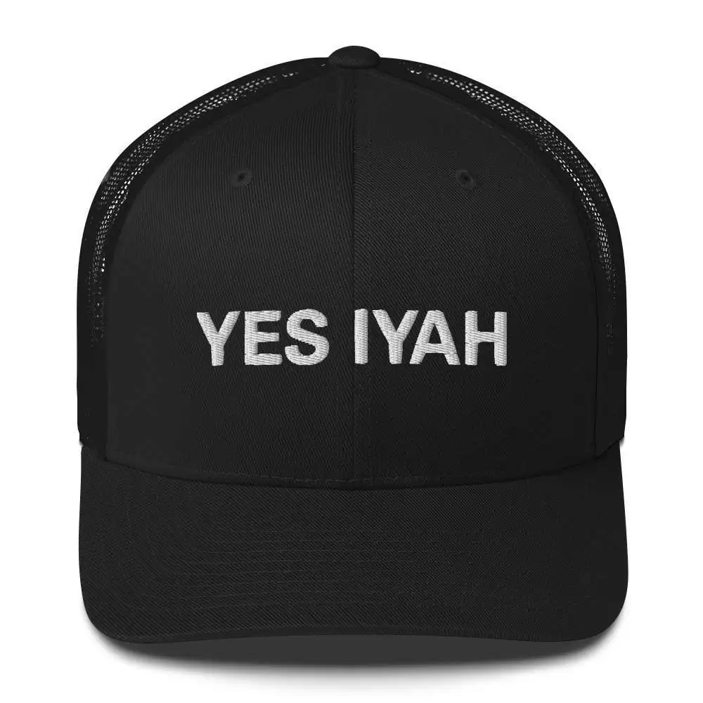 Yes Iyah Jamaican Trucker Cap available in Black. Curved visor, great retro style. Authentic Patois cap from Rastaseed Clothing and merchandise.