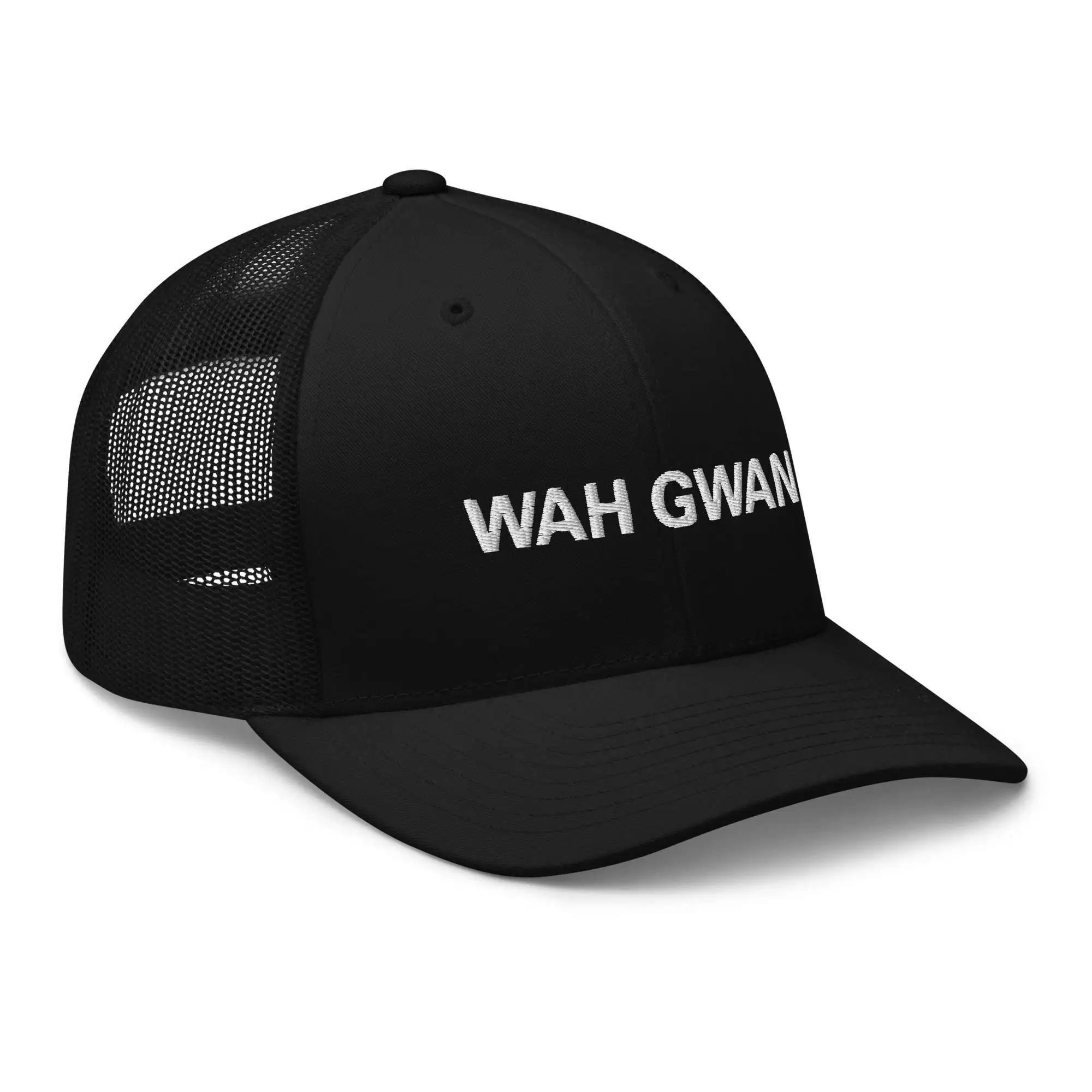 Wah Gwan Jamaican Trucker Cap side view in black with mesh back and curved visor. Awesome gear at Rastaseed online Rasta shop and clothing store.