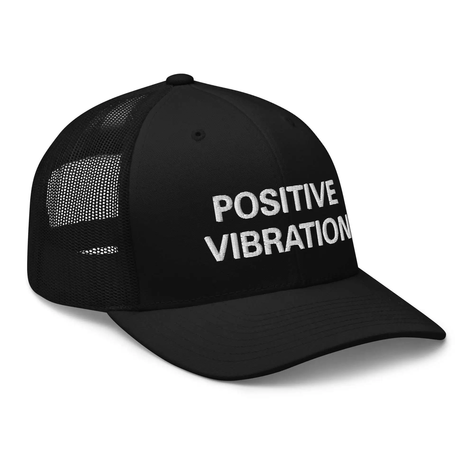 Positive Vibration Rasta Trucker Cap side view available in black with mesh back and curved visor Original merchandise at Rastaseed online clothing store.