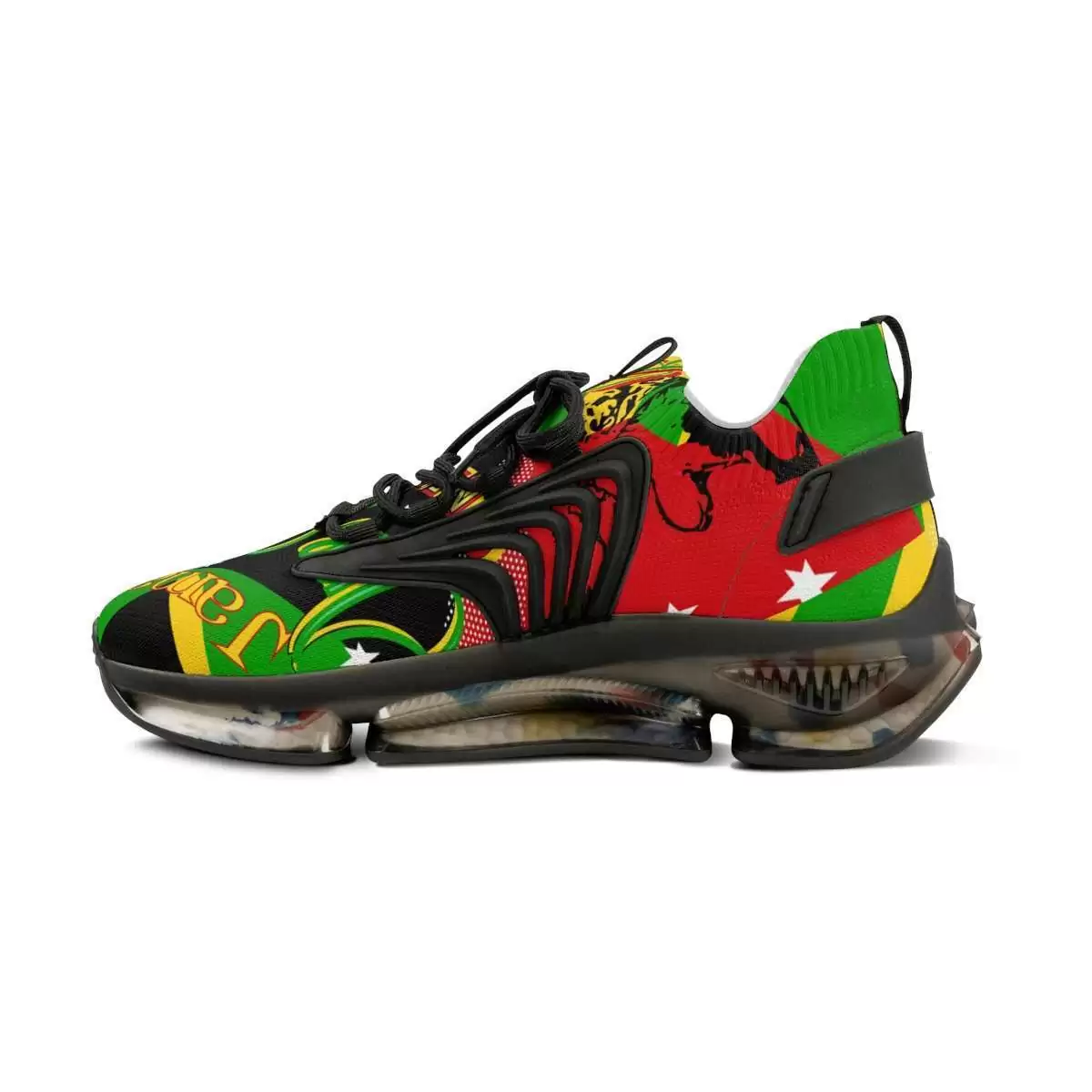 Reggae Rasta Sneakers right outside view made from mesh with black detailing and memory foam sole. Rasta sports shoes and large selection of Jamaican and Reggae shoes.