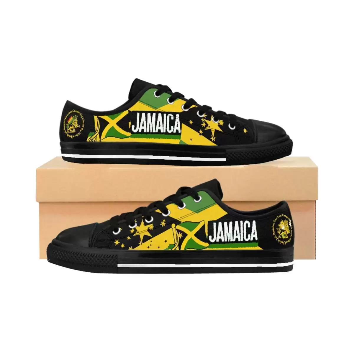 Jamaican mens sneakers outside views with Rastaseed signature design. Rastafarian Jamaican and Reggae merchandise clothing and accessories.