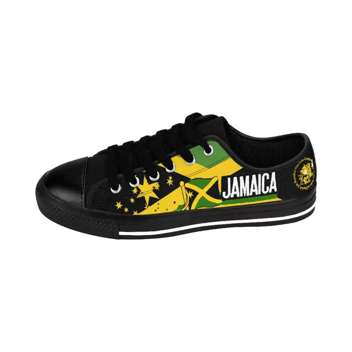 Jamaican mens sneakers side outside left view with Rastaseed signature design. Rastafarian Jamaican and Reggae merchandise clothing and accessories.