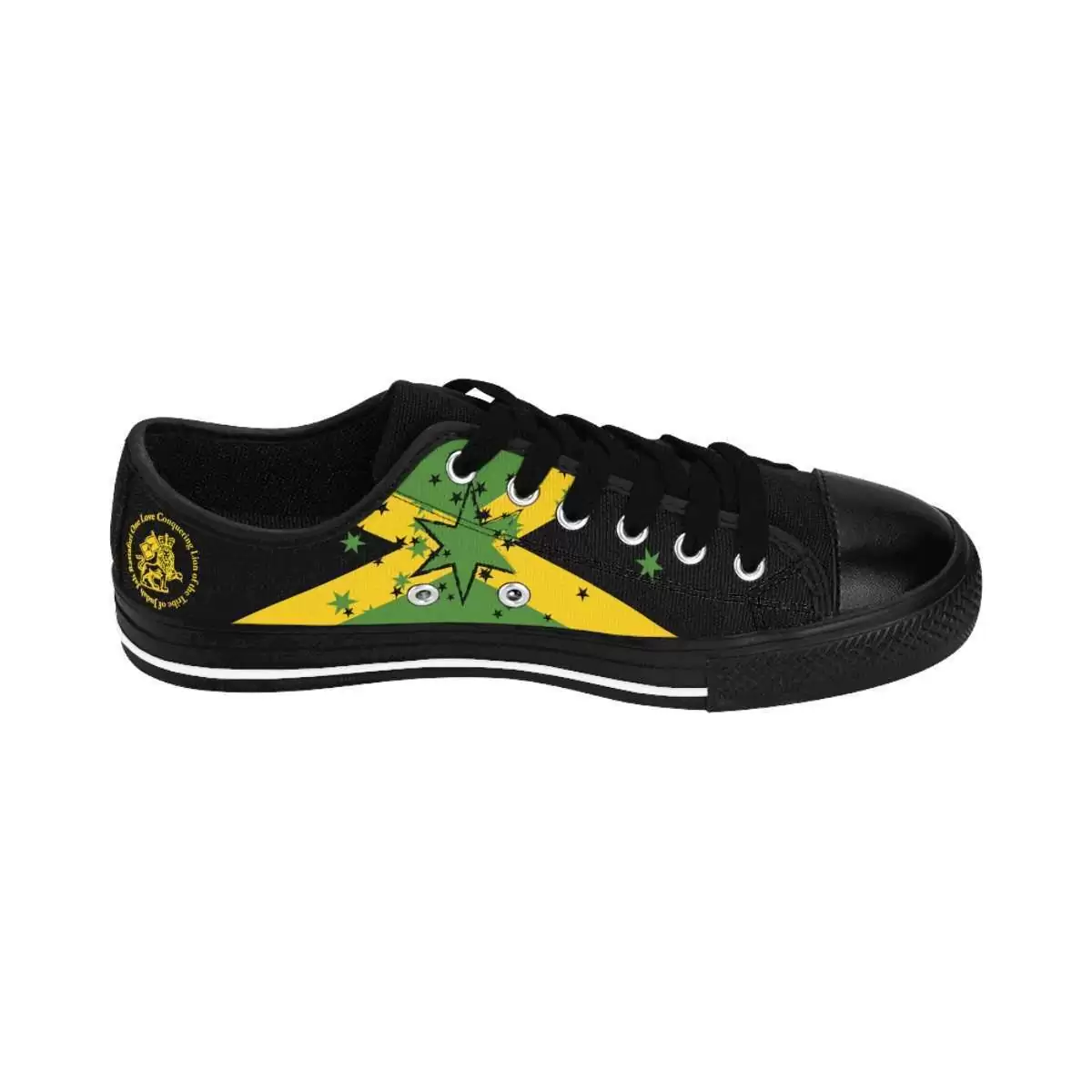 Jamaican mens sneakers side inside left view with Rastaseed signature design. Rastafarian Jamaican and Reggae merchandise clothing and accessories.