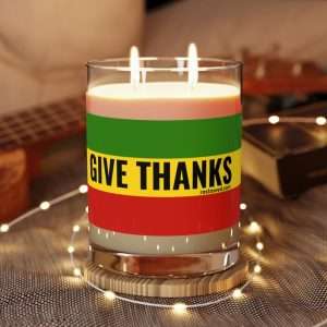 Give Thanks Rasta Scented Candle lit view for meditation and positive vibrations. White tea and fig, ocean mist and moss and lavender and sage.