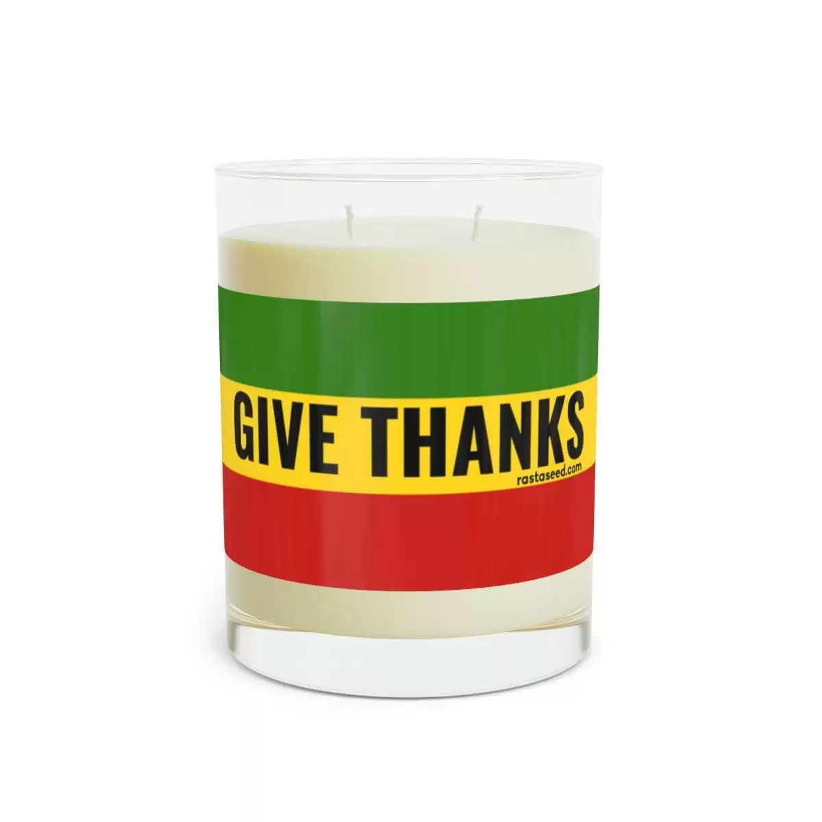 Give Thanks Rasta Scented Candle front view for meditation and positive vibrations. White tea and fig, ocean mist and moss and lavender and sage.