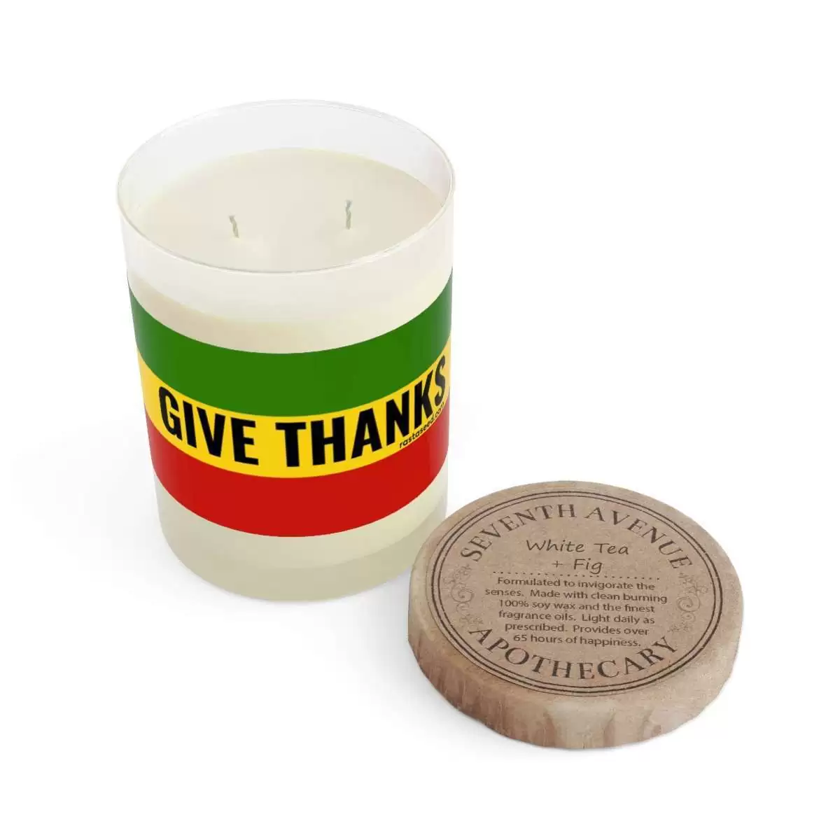 Give Thanks Rasta Scented Candle and lid top view for meditation and positive vibrations. White tea and fig, ocean mist and moss and lavender and sage.