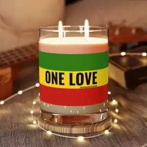 One Love Rasta candle in three fragrances. Ocean Mist and Moss, Lavender and sage and white tea and fig. Great for meditation and positive vibrations.