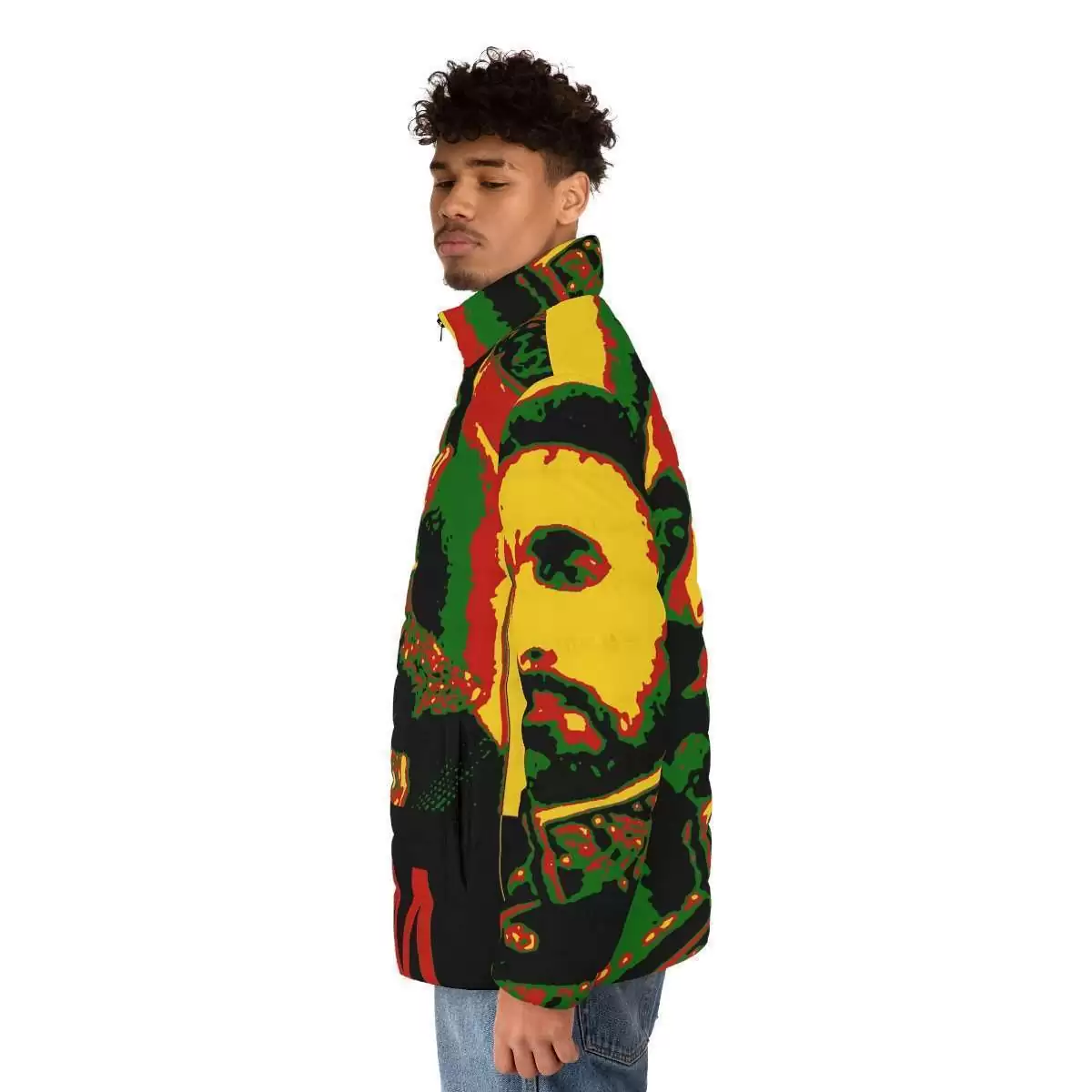 Haile Selassie Puffer jacket model left side Rastaseed.com