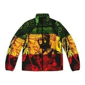 Natural Mystic Rasta Puffer Jacket front view from Rastaseed.com original Rastafarian streetwear in red gold and green. Rasta merchandise and clothing.