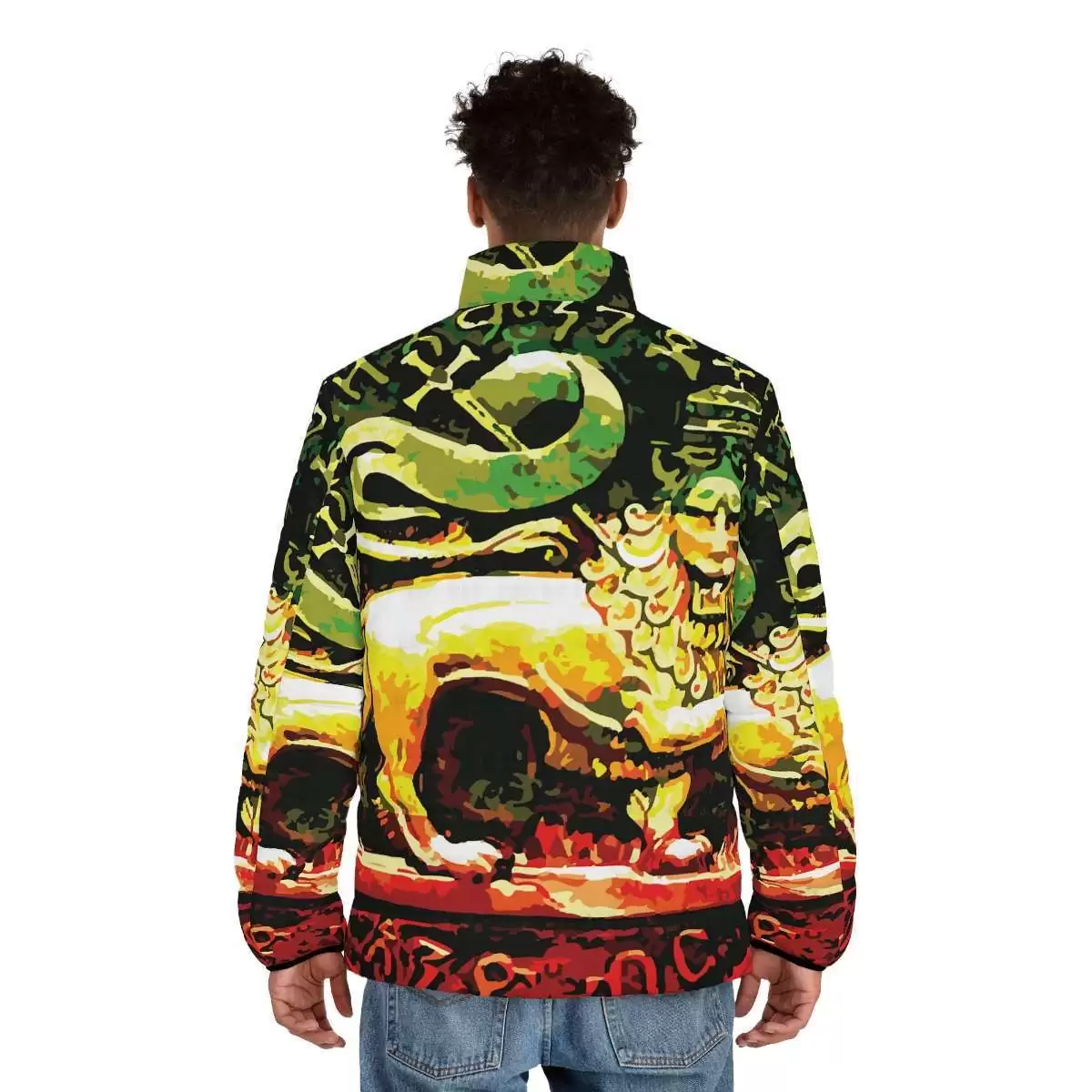 Abstract Lion of Judah Puffer Jacket model back view